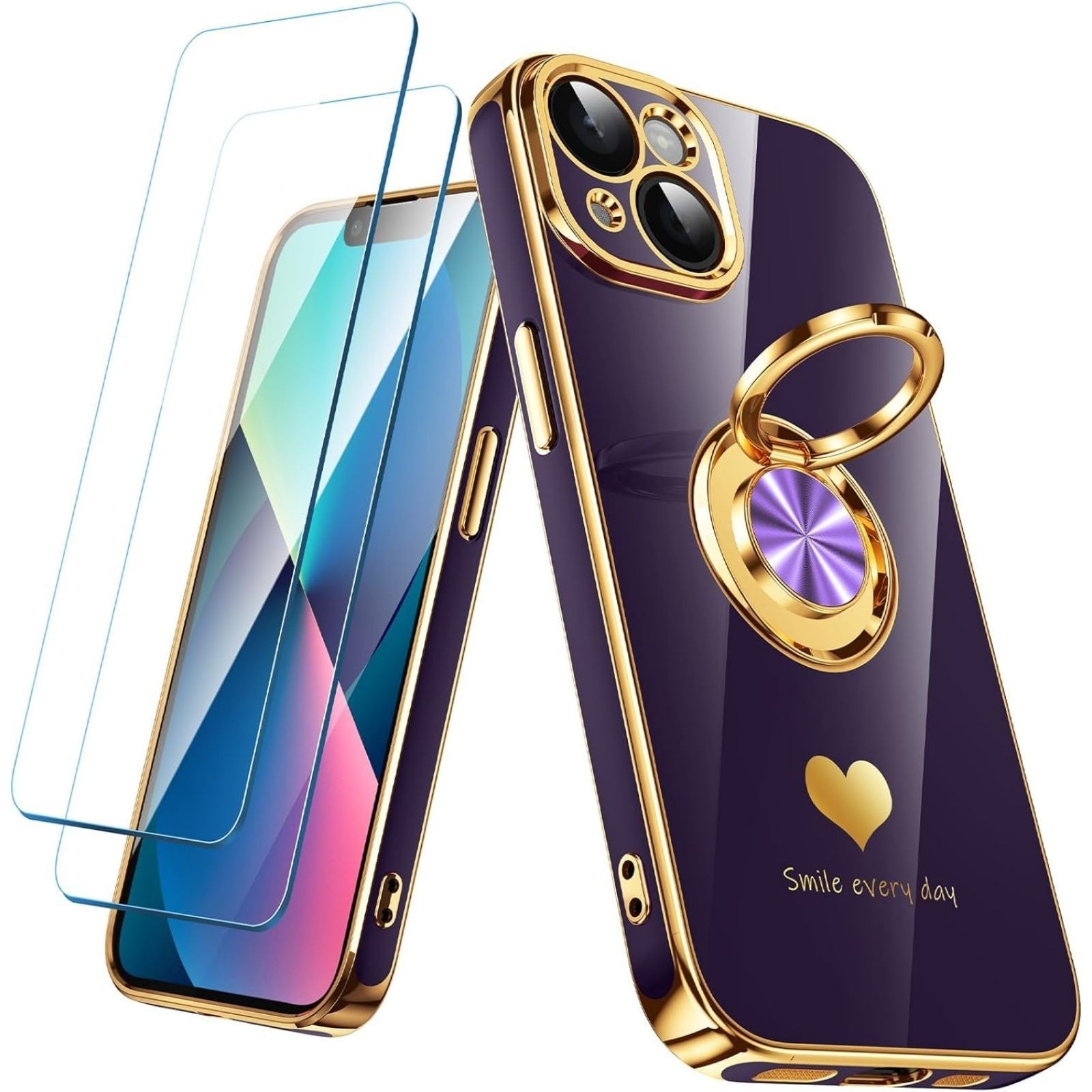 iPhone 13 Case with 2 Pack Screen Protector, 360° Rotatable Ring Holder – Purple