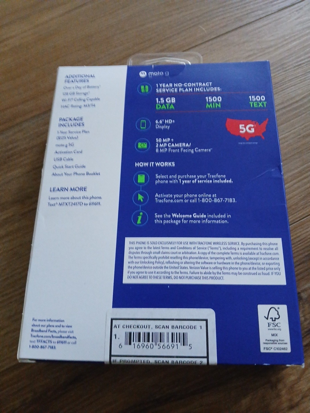Motorola Moto G 5G 2024, 64GB Blue Tracfone + 1 Year Service (1500 Min/Txt/Data)