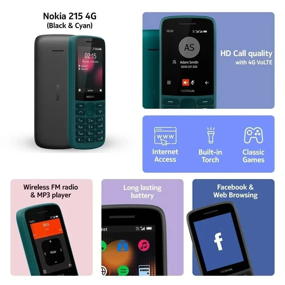Nokia 215 4G Dual SIM Bluetooth 128MB 64MB RAM Classic Mobile Unlocked Phone