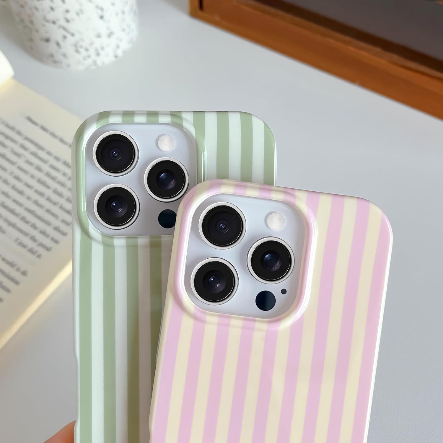Cute Striped Soft TPU Slim Shockproof Phone Cover for iPhone 16 Pro, Pink & Yell