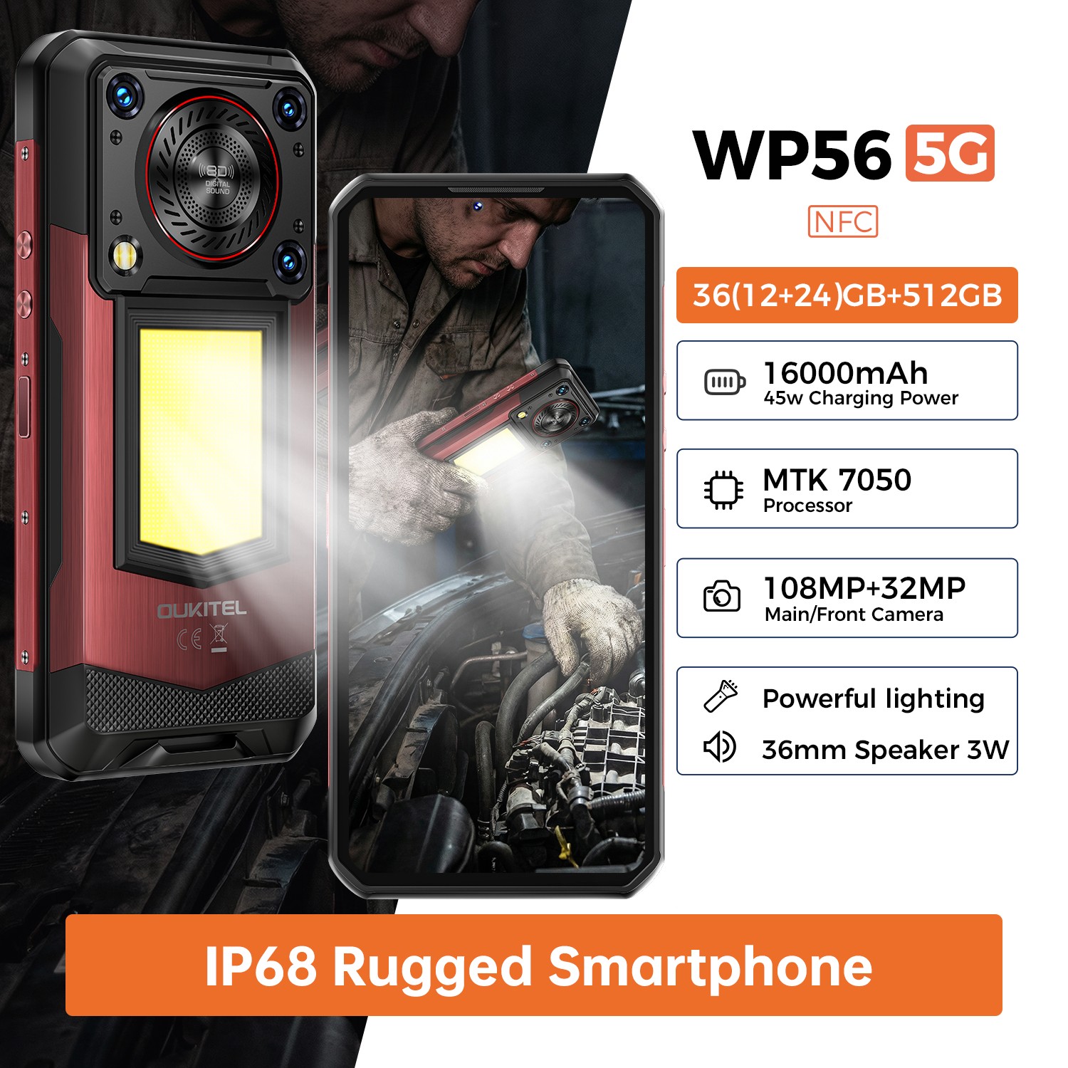 OUKITEL WP56 5G Rugged Smartphone 36B+512GB 16000mAh Camping Light IP68 NFC OTG
