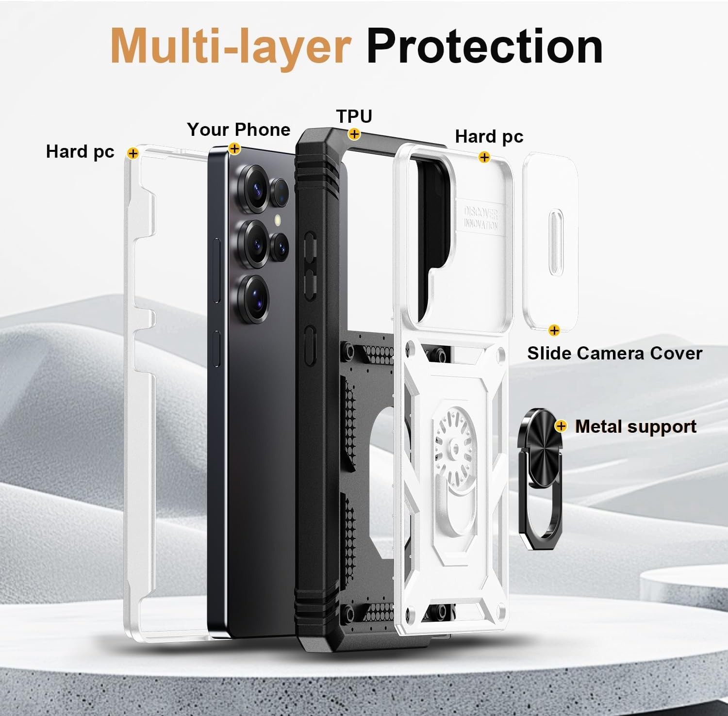 1. For Samsung Galaxy S23 Ultra Case, Camera Slide Cover, Metal Kickstand 2. F