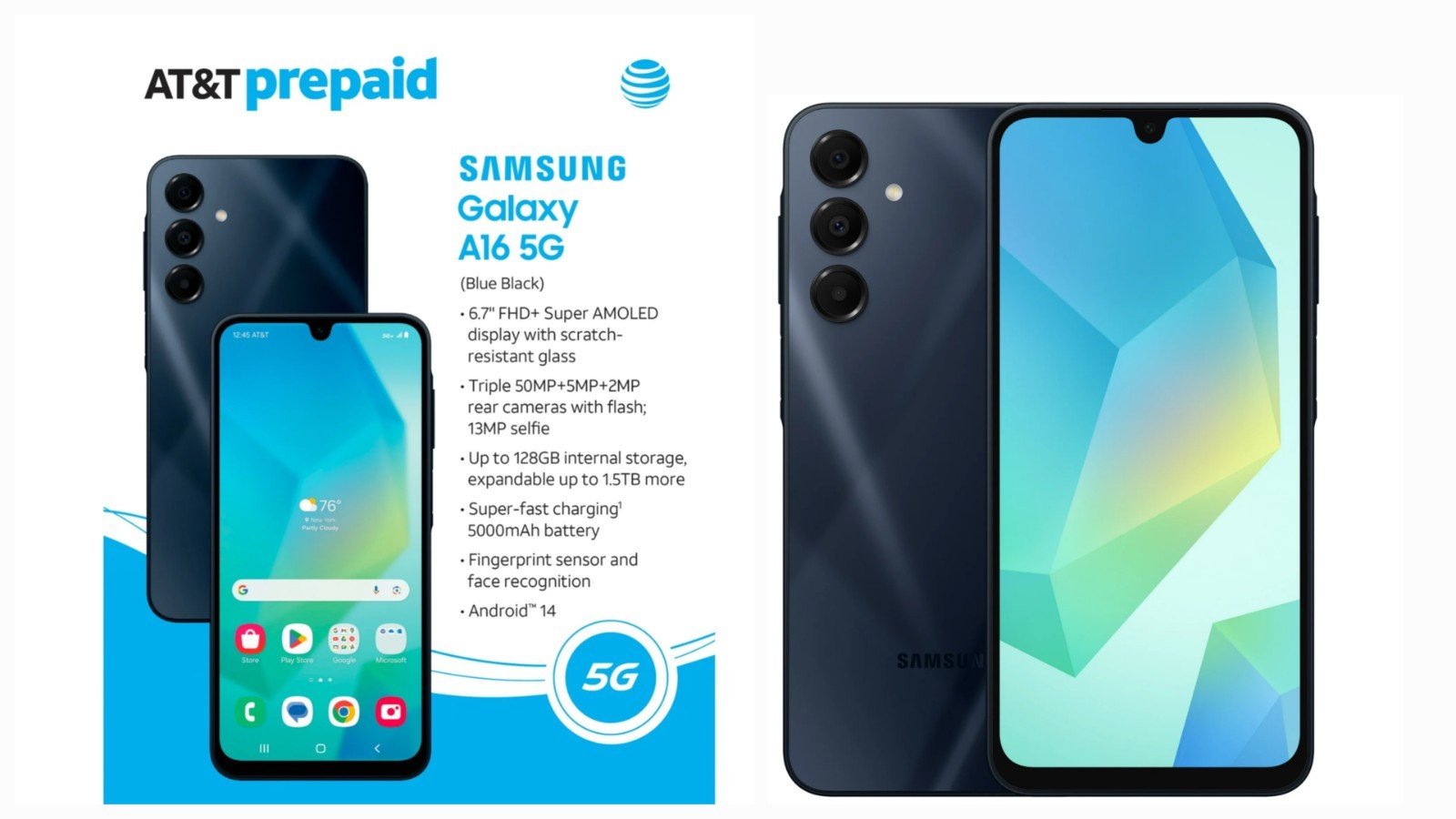 @ AT&T Samsung Galaxy A16 5G, 64GB, Blue Black Prepaid Phone, Locked to AT&T 🆕