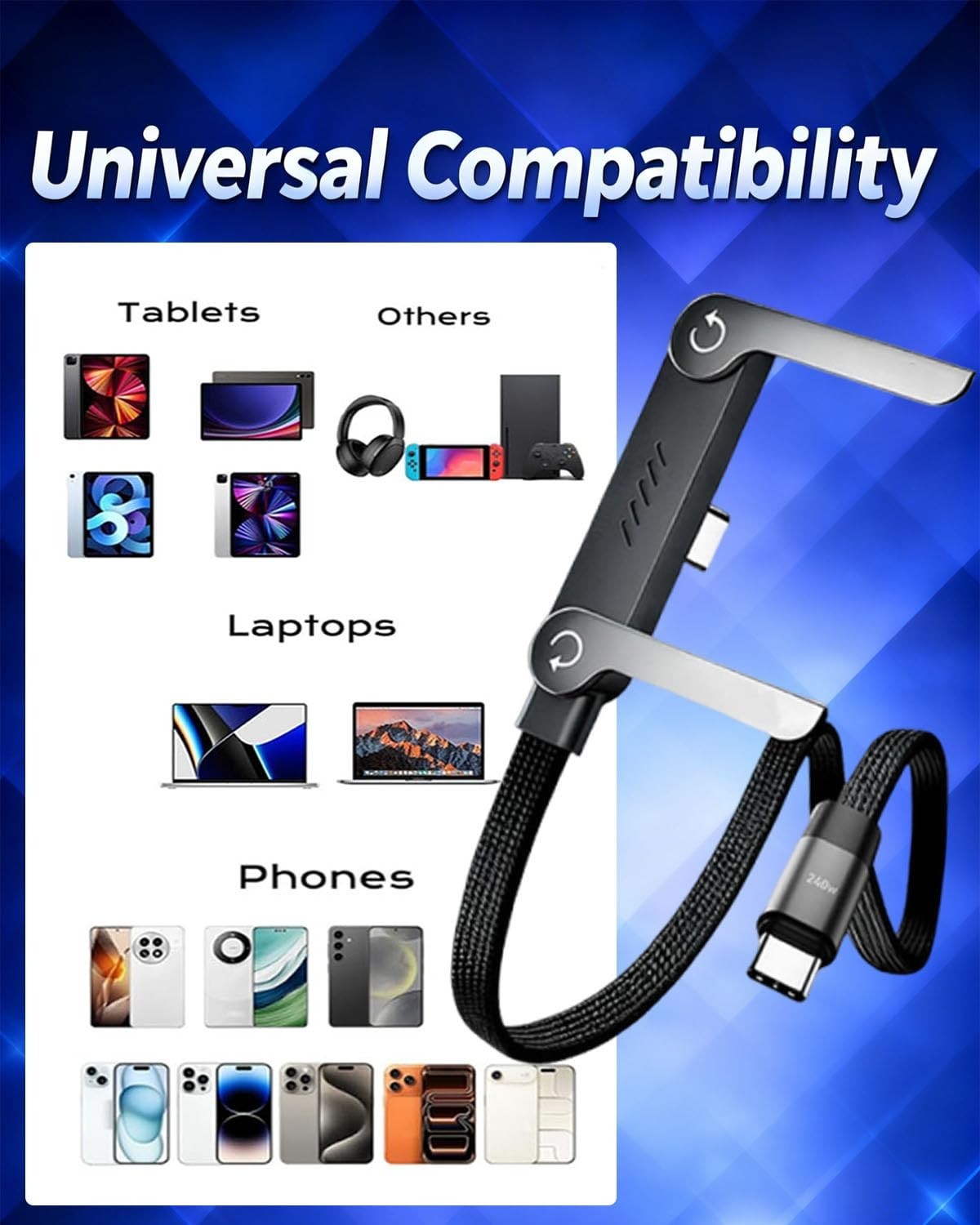 240w USB-C Charge Cable Invisible Holder Sideways Phone Charger 5 Ft Type-C Fast