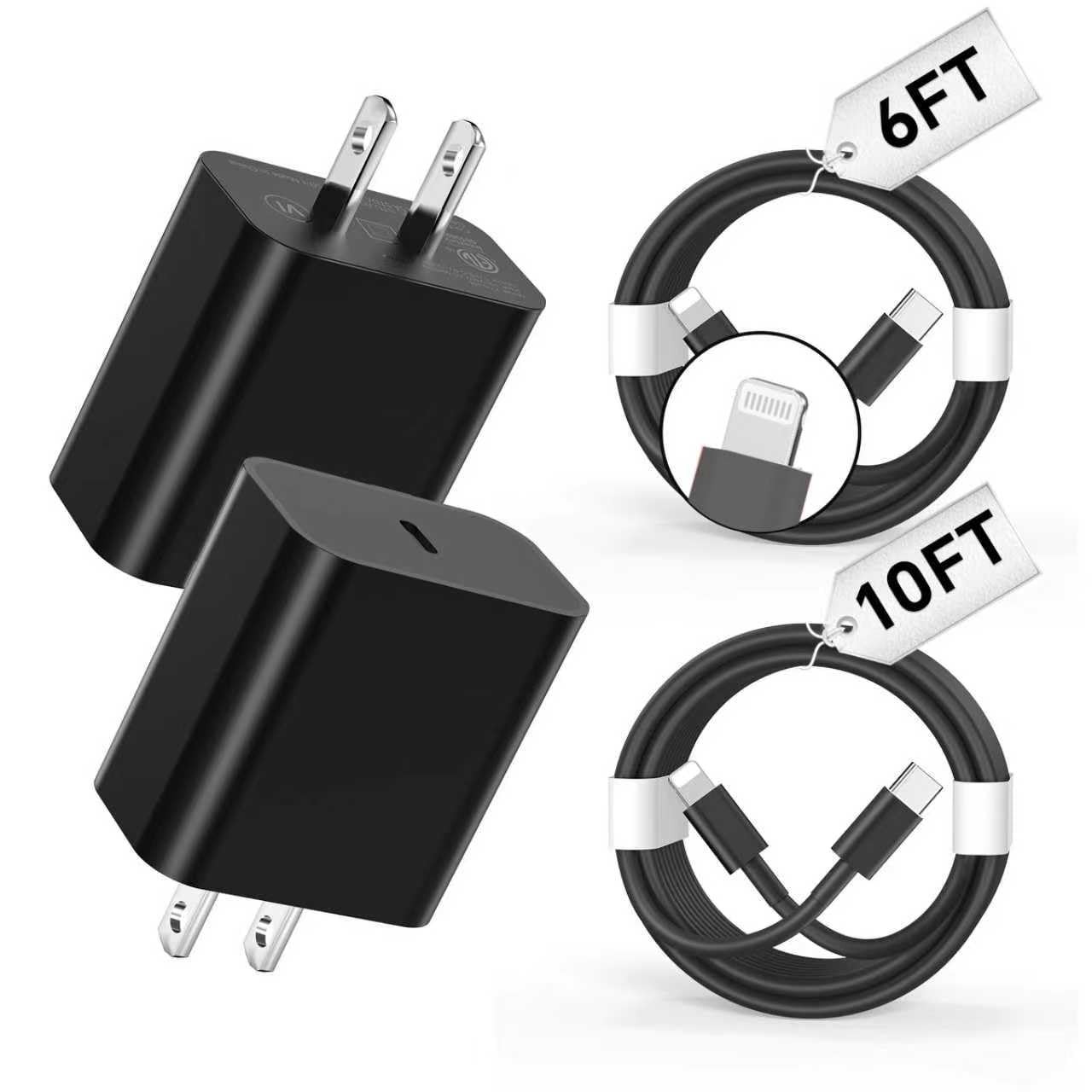 Phone Charger Fast Charging 2-Pack 20W USB-C Wall Charger with 6FT/10FT Cable