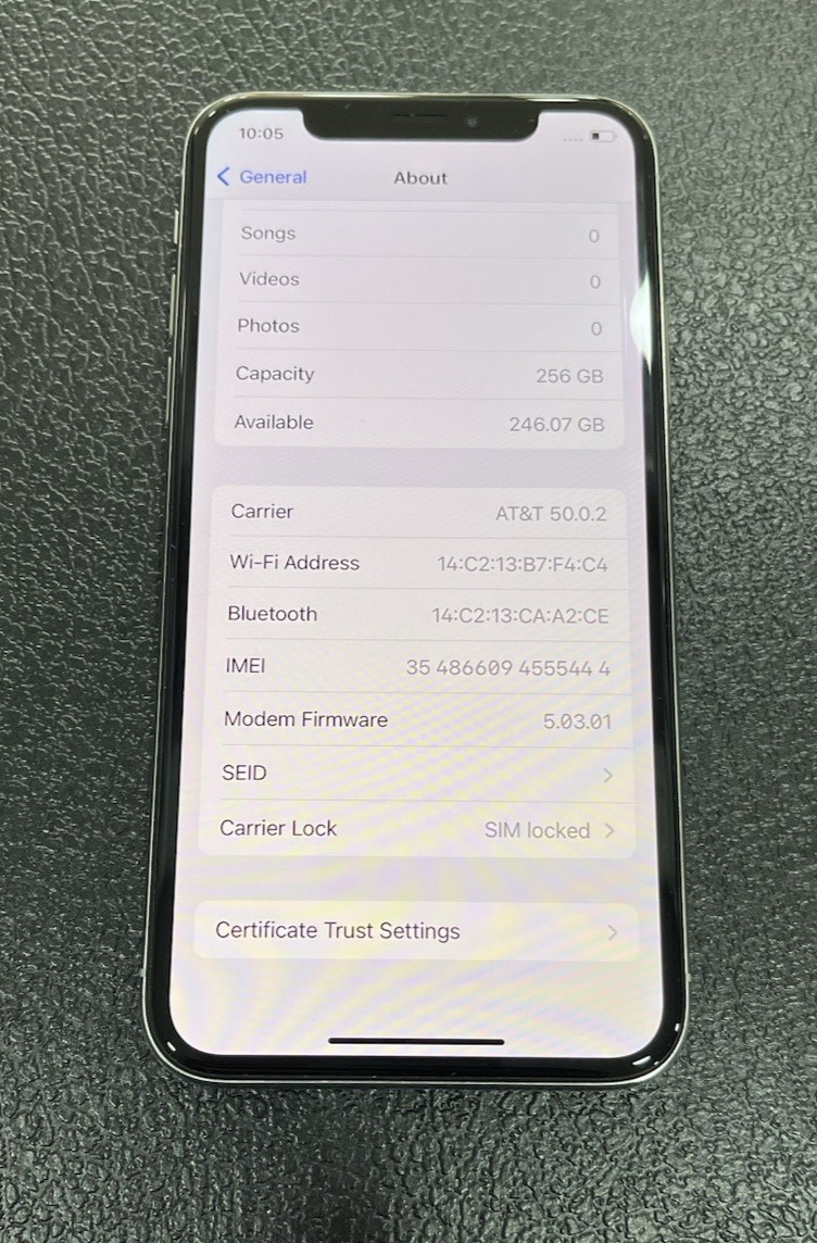 Apple iPhone X – 256 GB – Silver (AT&T) 95% Batt. – Excellent Condition