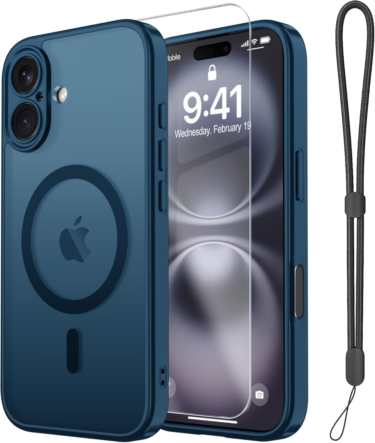 Magnetic for iPhone 16e/17e Case with Screen Protector, Wrist Strap, Deep Blue