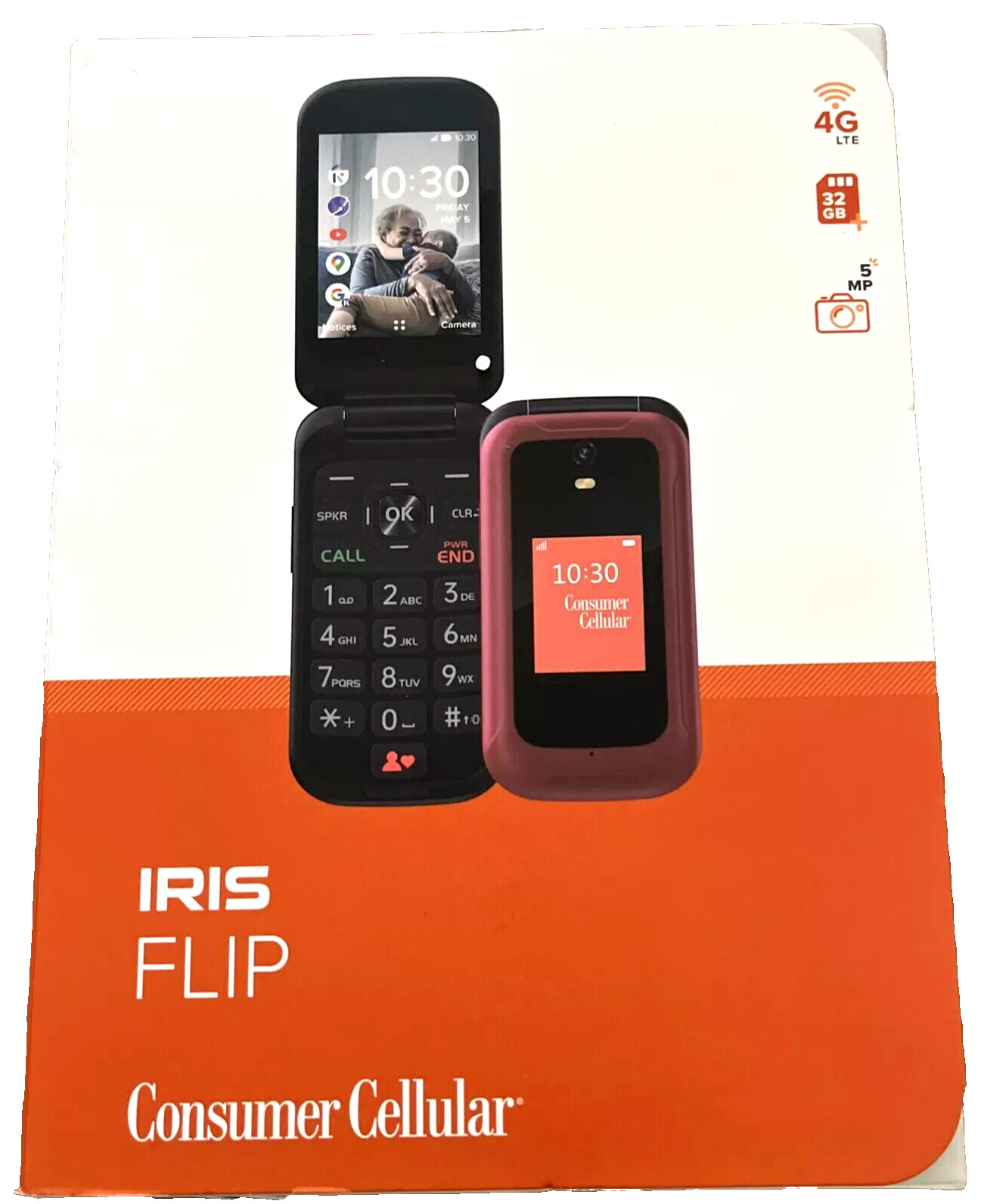 New Consumer Cellular Iris Flip Phone (8GB) 5.0MP Camera 4G LTE- Red