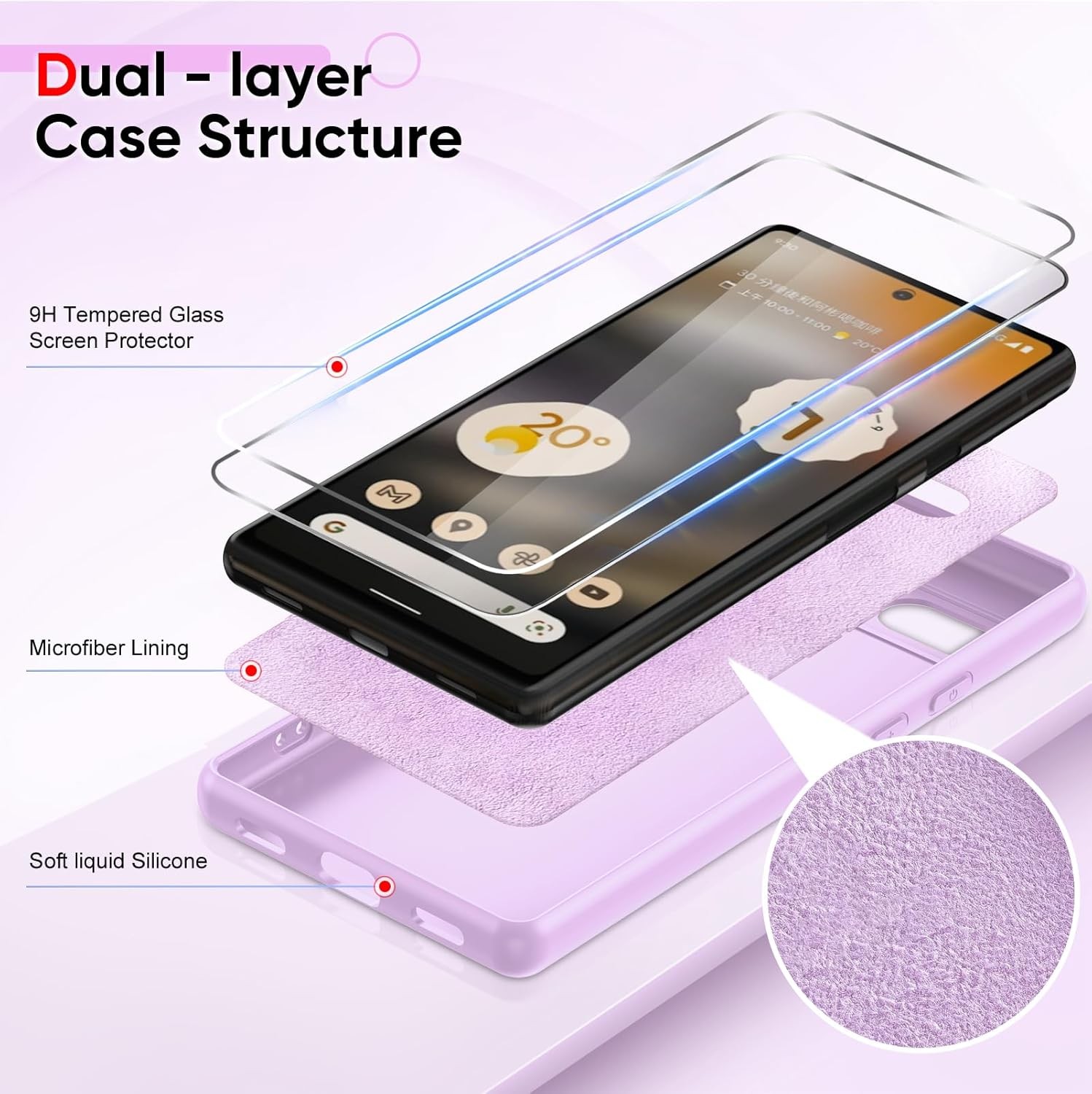 for Google Pixel 6A Phone Case with 2 Pack Tempered Glass Screen Protector, Purp