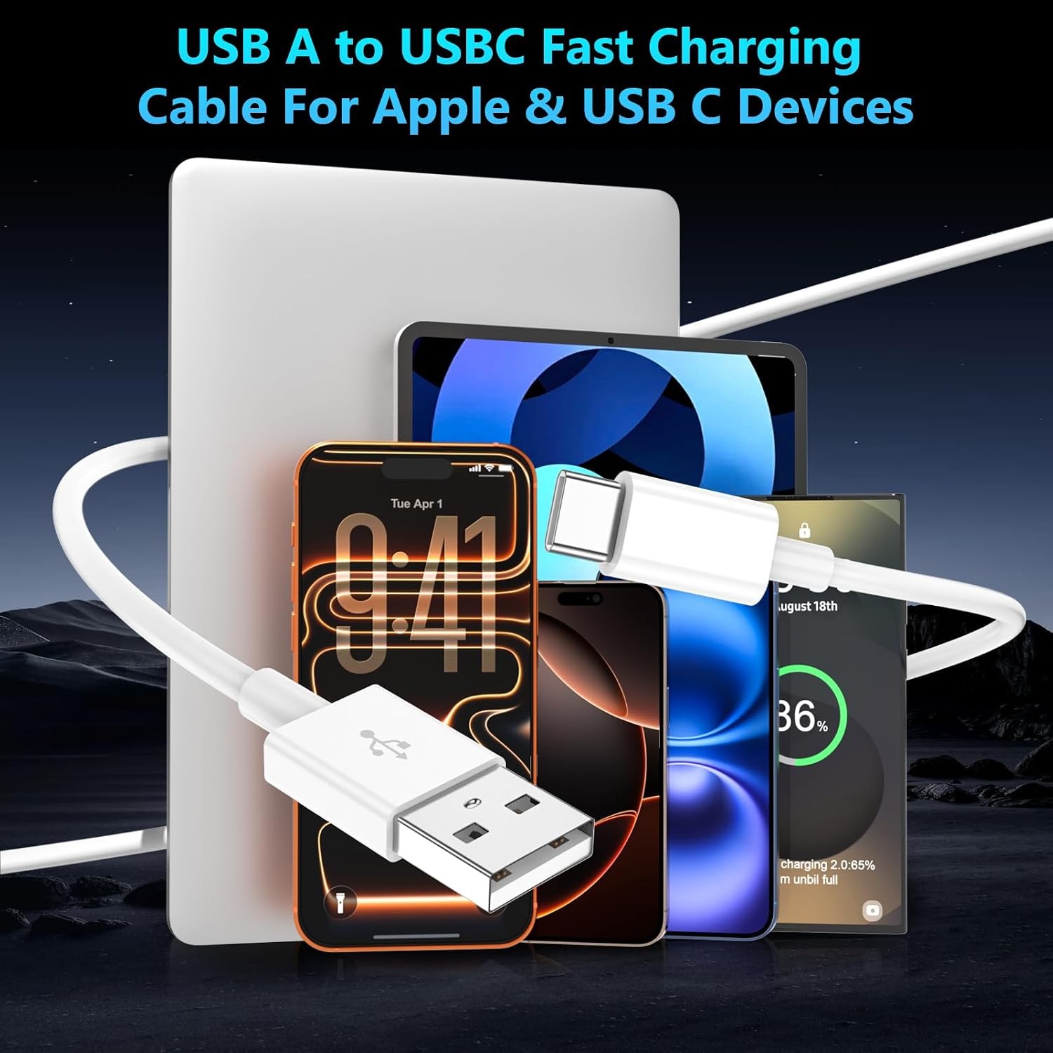 USB A to USB C Fast Charging Cable 3-Pack [3FT, 6FT, 10FT] for iPhone 15 16 17