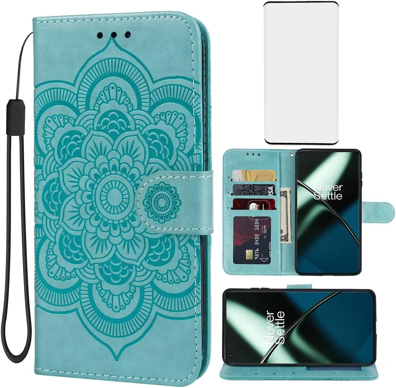 OnePlus 11 5G Wallet Case with Tempered Glass Protector, Green Leather Flip Cove