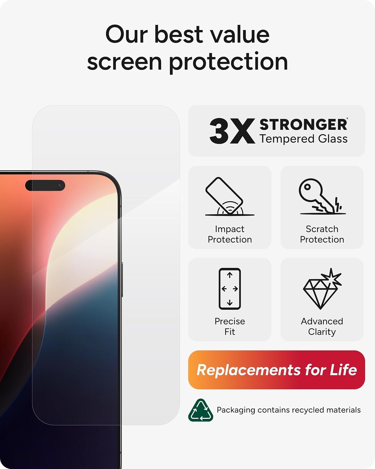 3X Stronger Glass+ Screen Protector for iPhone 16 Pro Max, Scratch & Smudge Resi