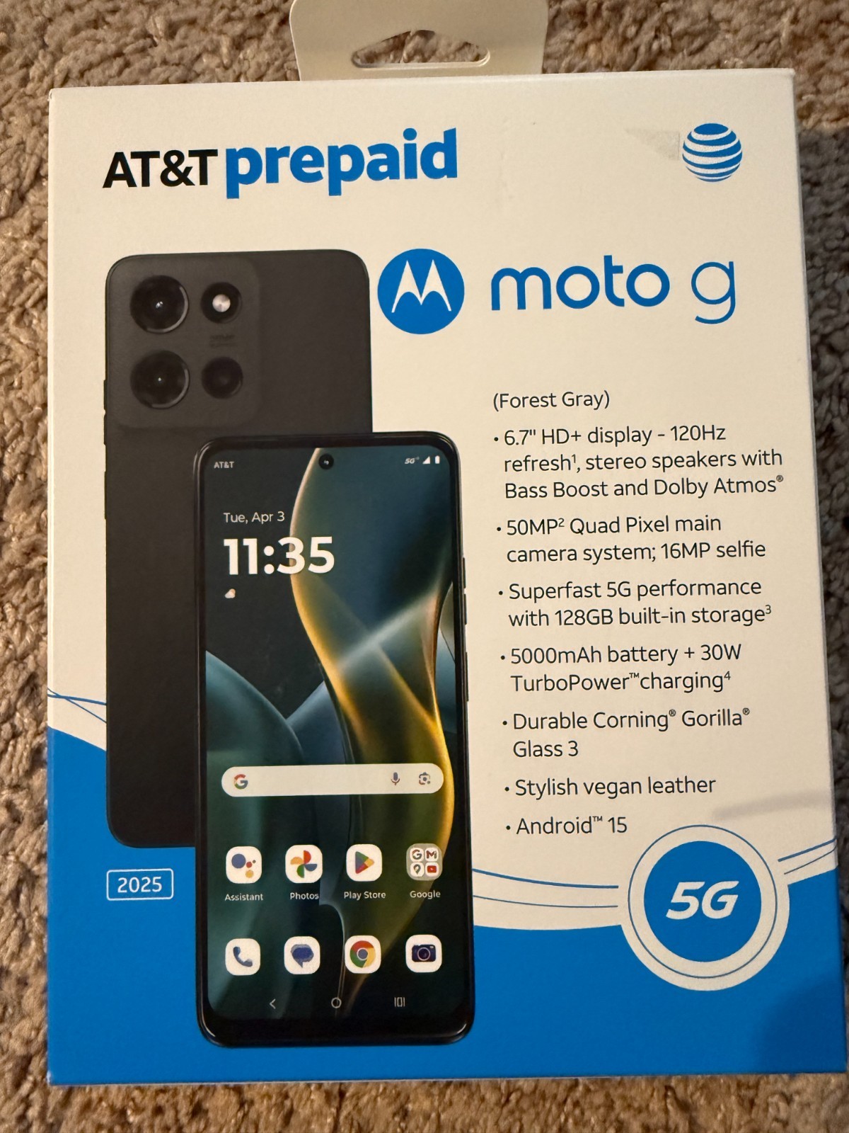 Brand New Motorola Moto G 2025, 128GB, Forest Gray – At&t Prepaid Smartphone