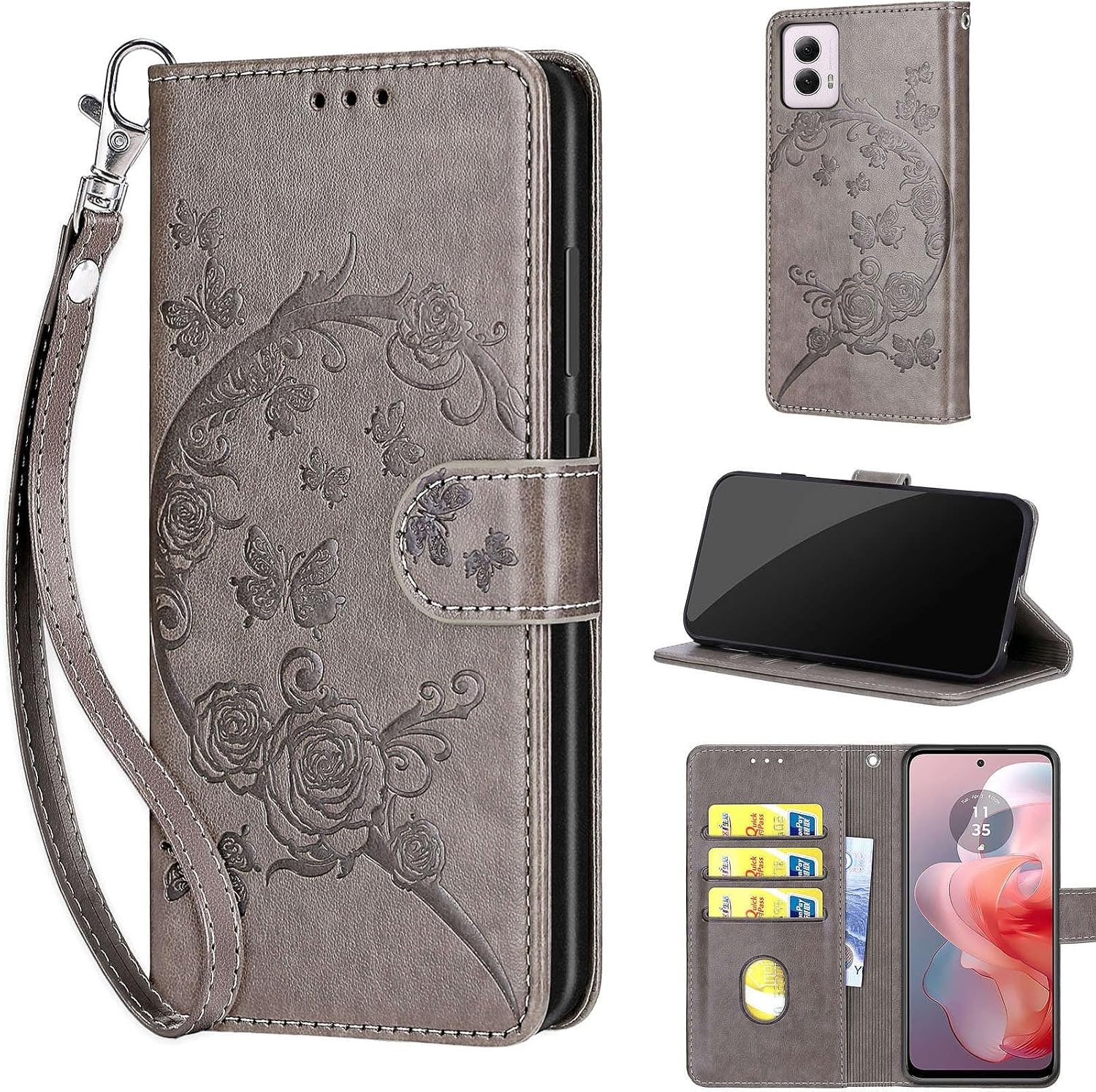 Wallet Case for Motorola Moto G Power 5G 2024, Gray Flower | Women Flip Folio