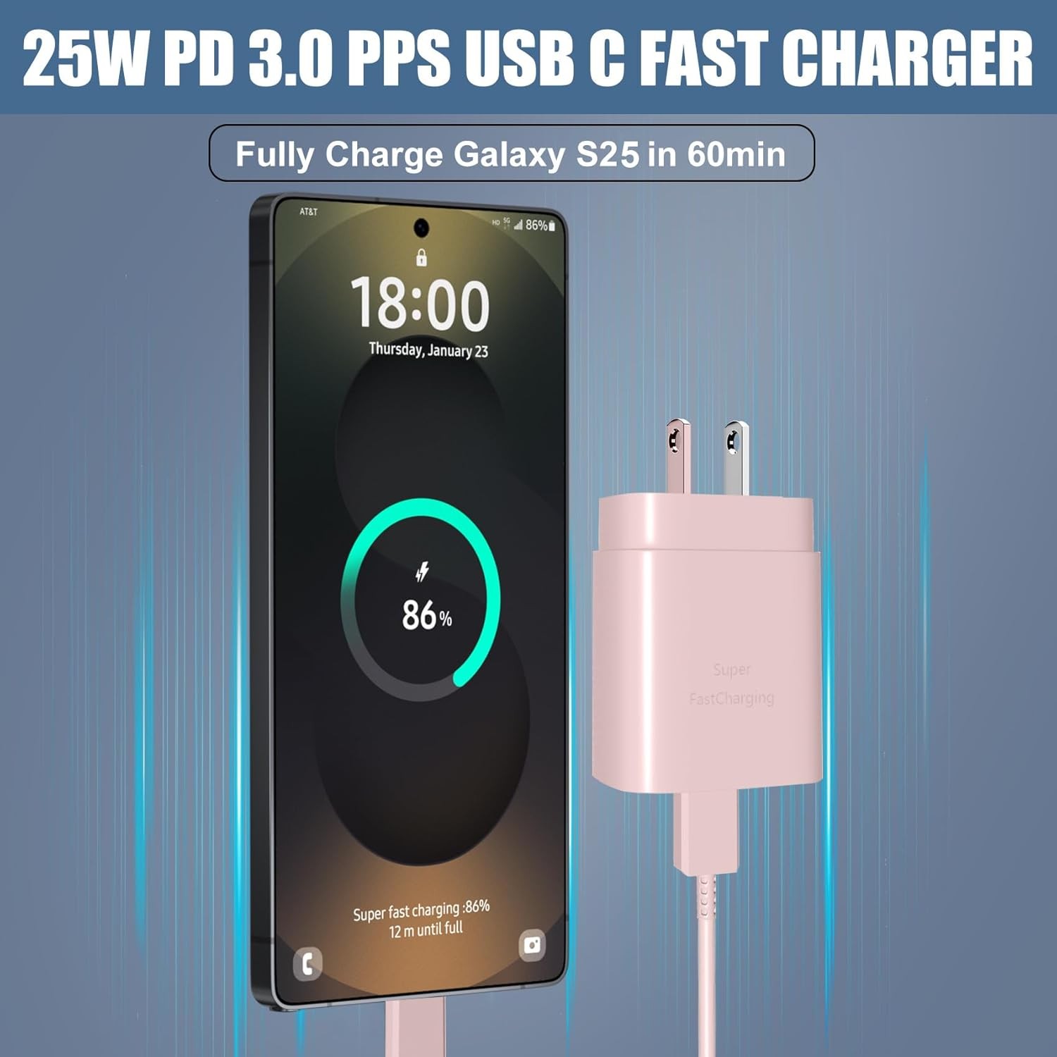25W USB-C Fast Charger Adapter for Samsung Galaxy S26/S25 10Ft Cable