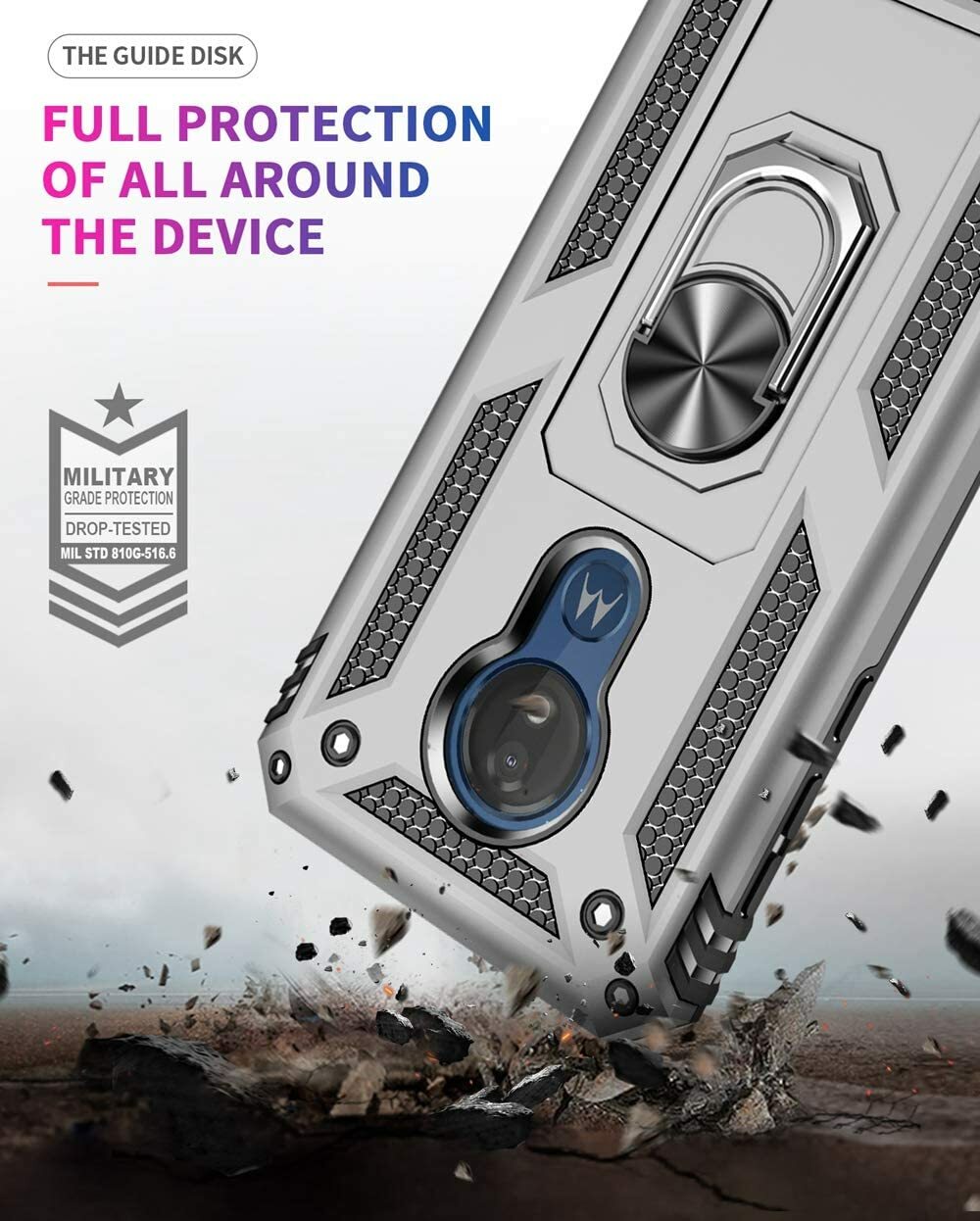For Motorola Moto G7 Power Case 360 Metal Rotating Ring Kickstand Cover Silver