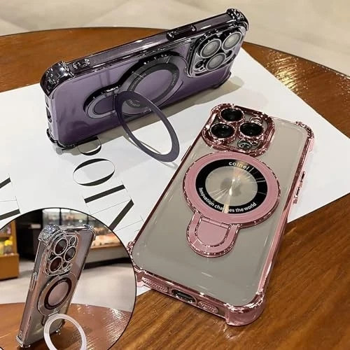 Pink Shockproof Silicone Case for iPhone 16 Pro Max with Magnetic Ring Kickstand