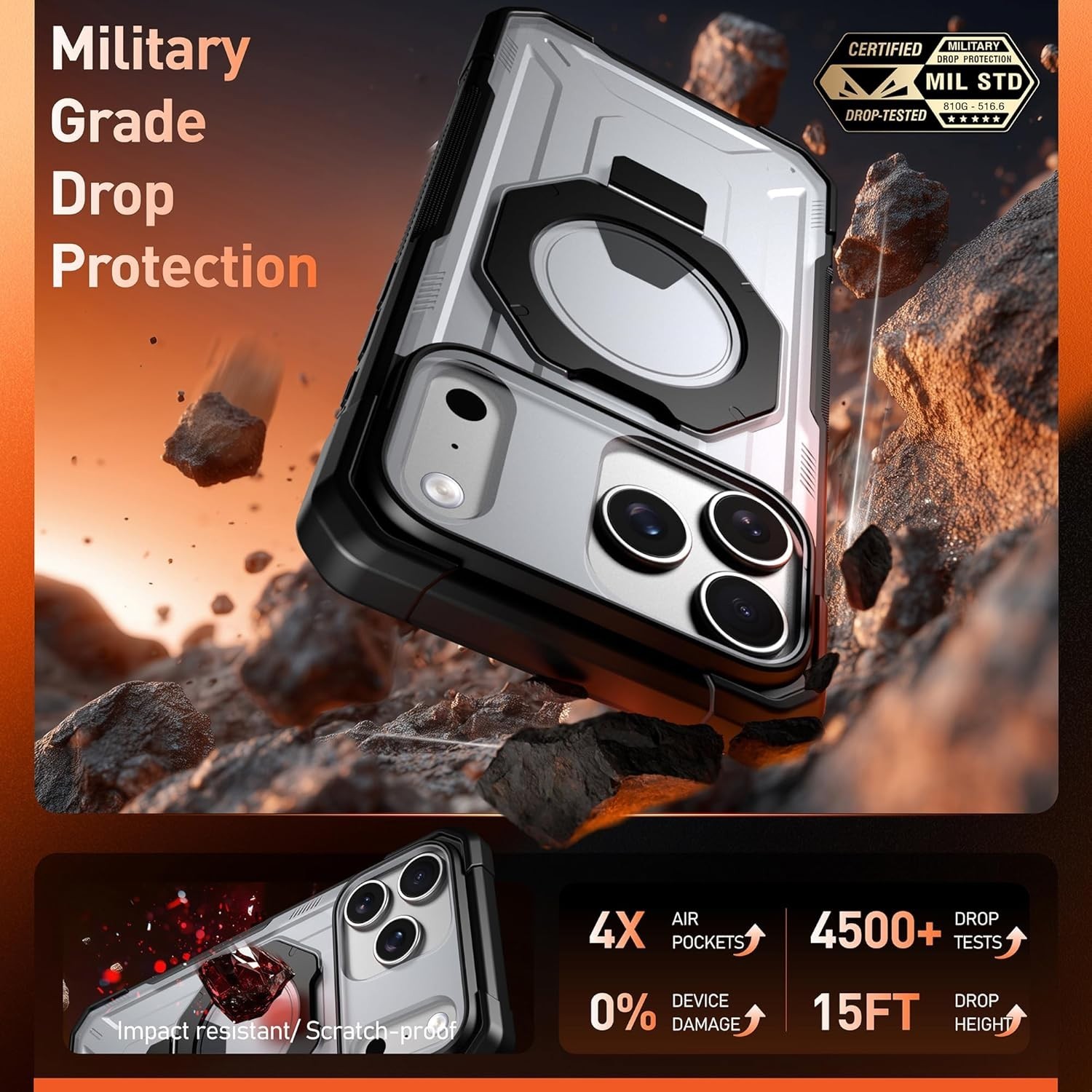 Rugged Shockproof iPhone 17 Pro Max Case with Ring Stand & Camera Control, Midni