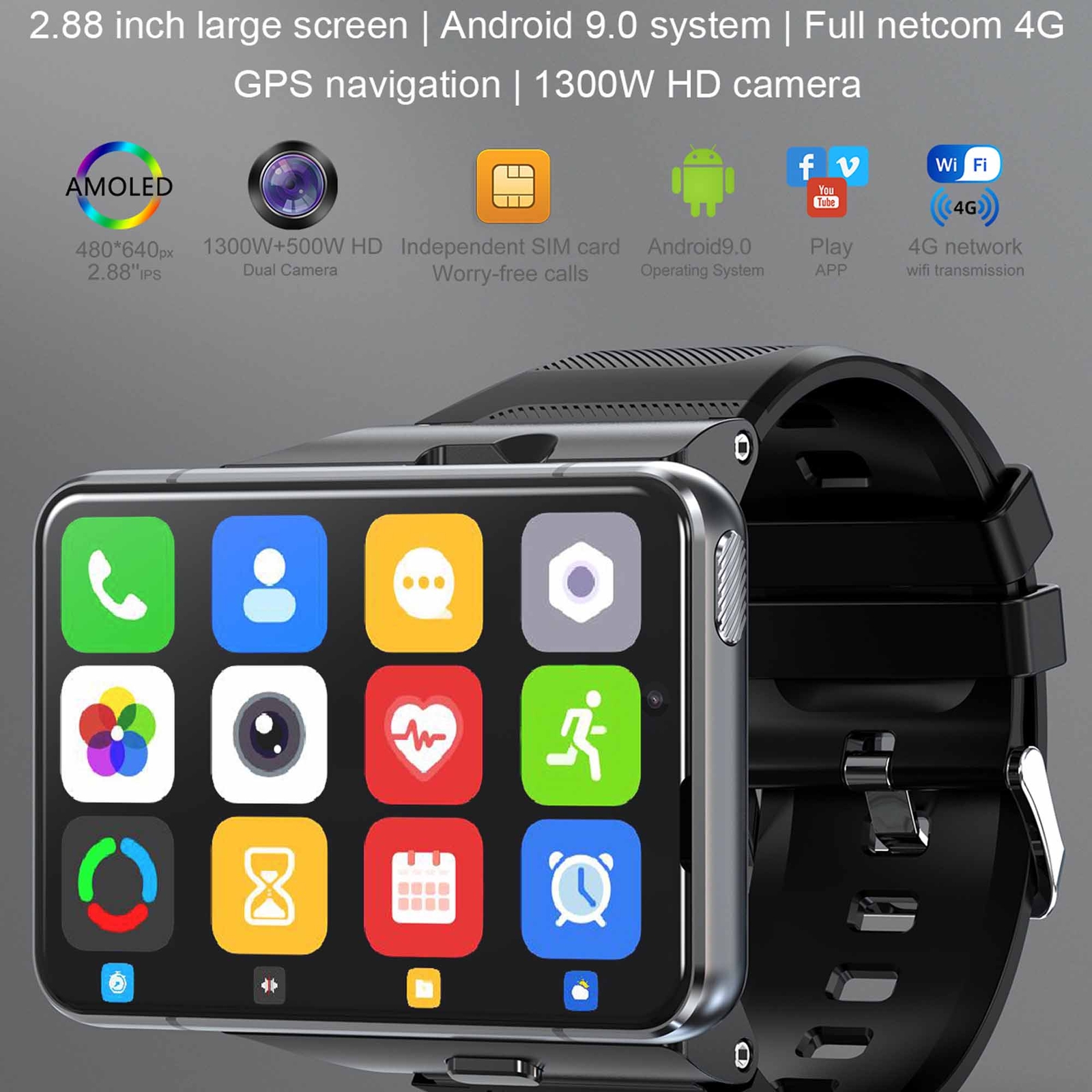 2.88″ Large Touch Screen 4G Smart Watch Android 9.0 Dual Camera WIFI GPS 4+64GB
