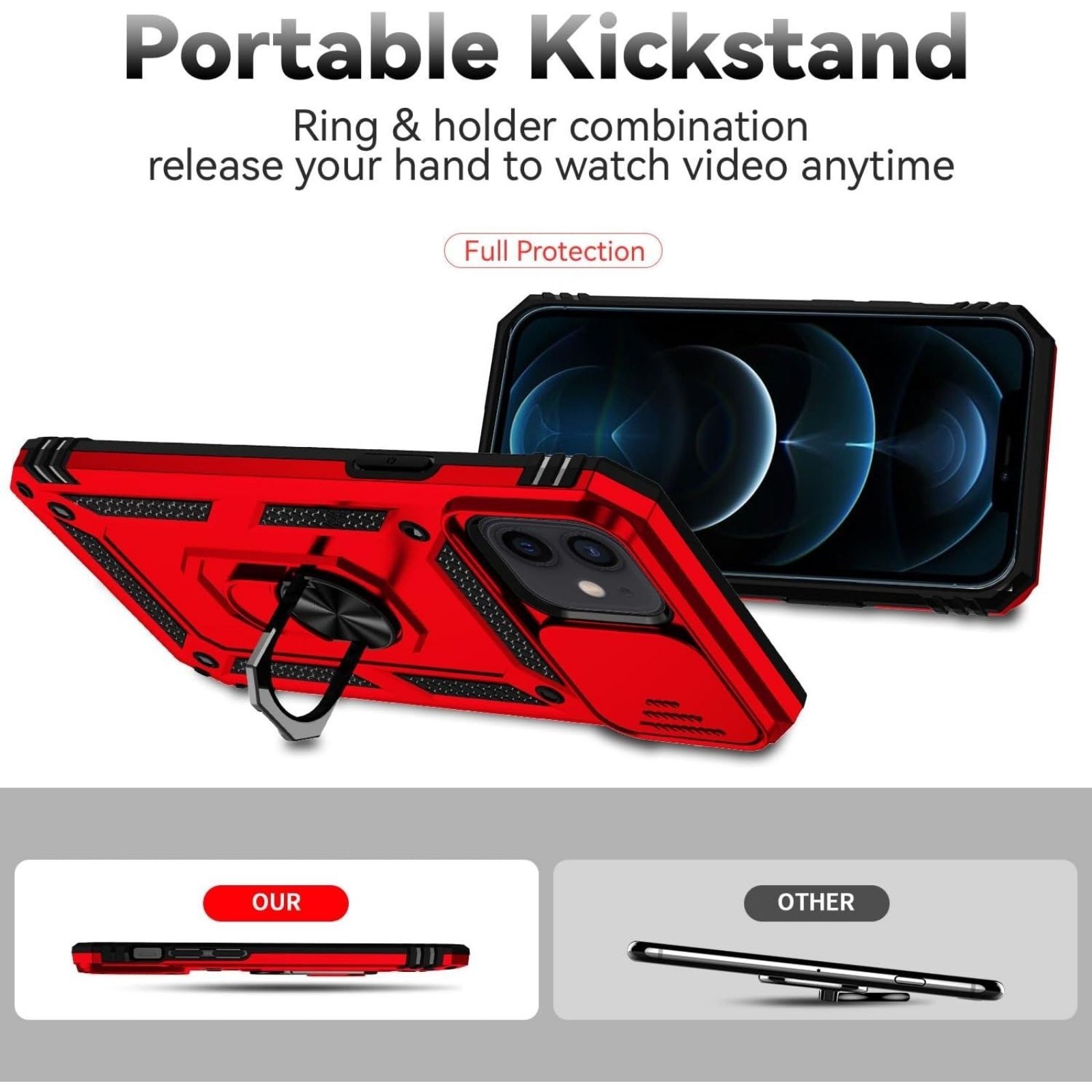 iPhone 12/13 Mini Case with HD Screen Protector & Slide Camera Cover & Kickstand