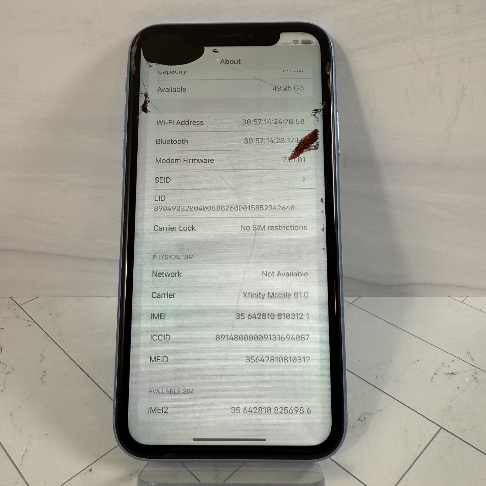 Cracked Screen LCD Apple iPhone XR 64GB Unlocked Blue A1984 #A77