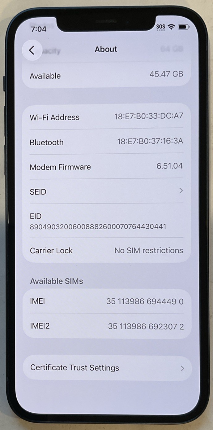 USED BLUE GSM UNLOCKED iPhone 12, 64GB A2172 MGEK3LL/A WITH 93% BATTERY HEALTH.