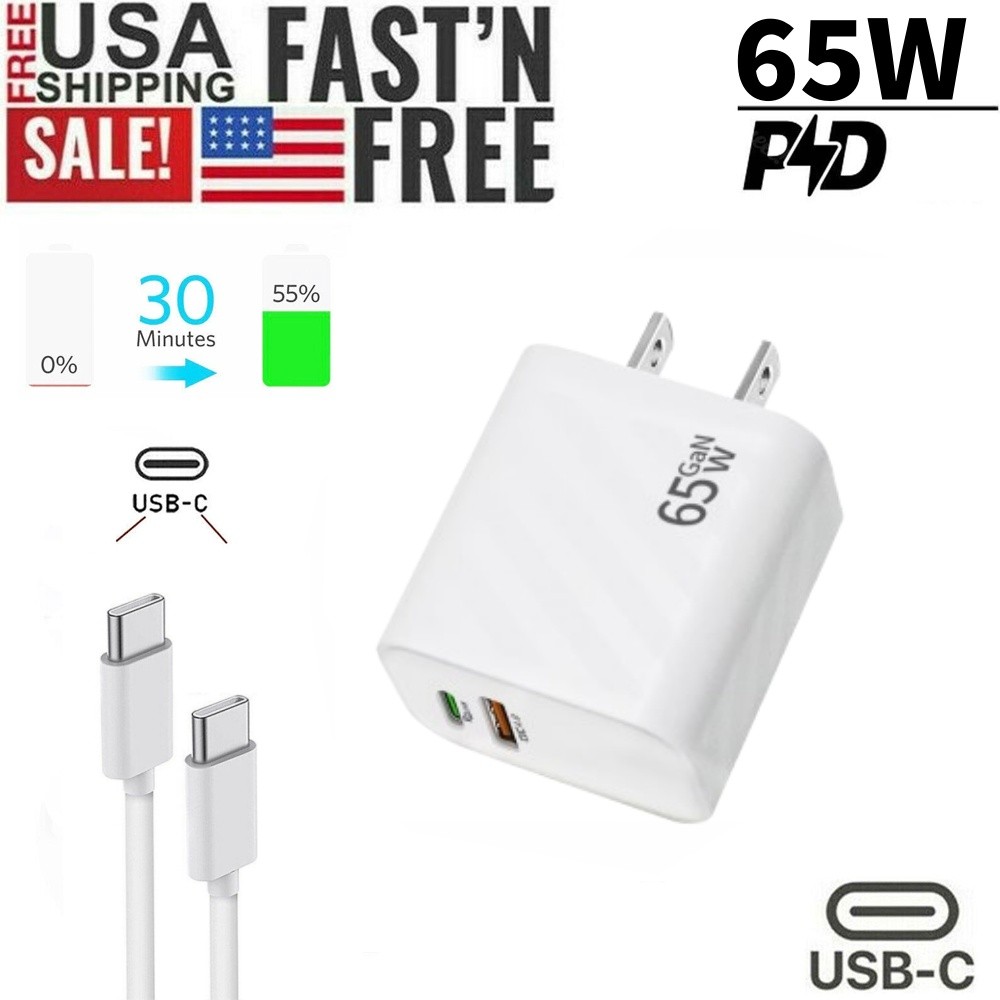 3FT USB-C Cable 65W PD Fast Adapter Duo Wall Charger For Samsung Galaxy S23ULTR
