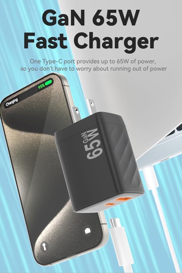 65W USB-C Fast Charger Block for MacBook Pro/Air, iPhone 17/16/15, Galaxy S23/S2