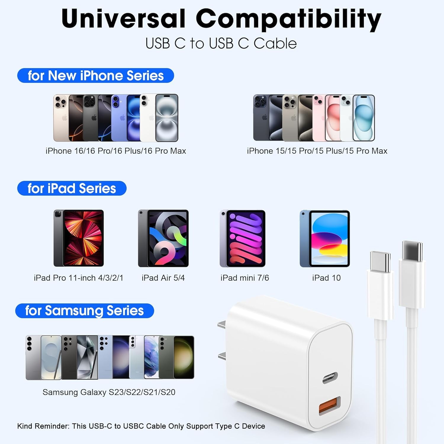 20W USB-C Wall Adapter Charger with 6ft Fast Charging Cable for iPhone 17/16