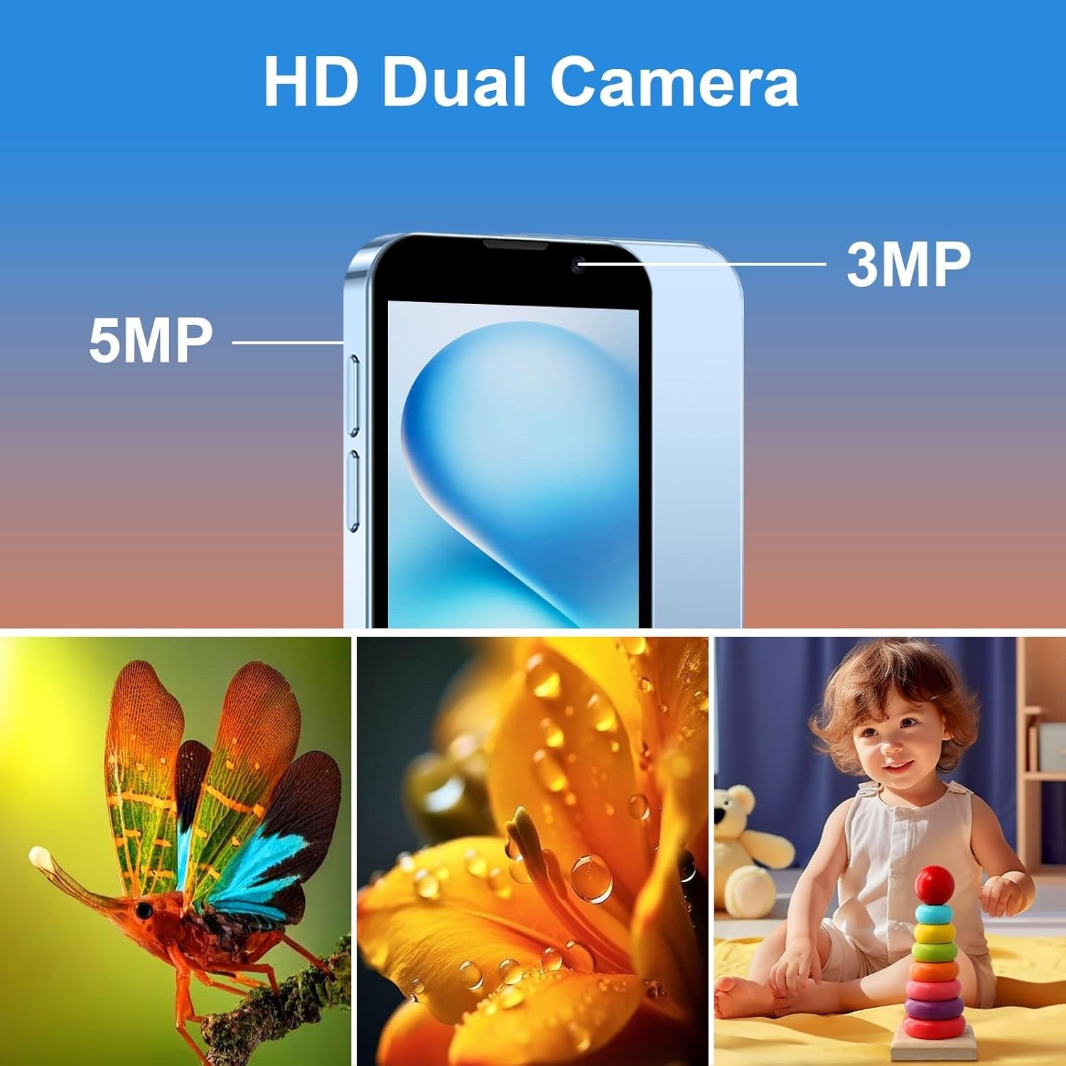 Mini Phone Unlocked 3.0″ HD Touch Screen Android Kids Dual SIM Face lD 2GB+16GB