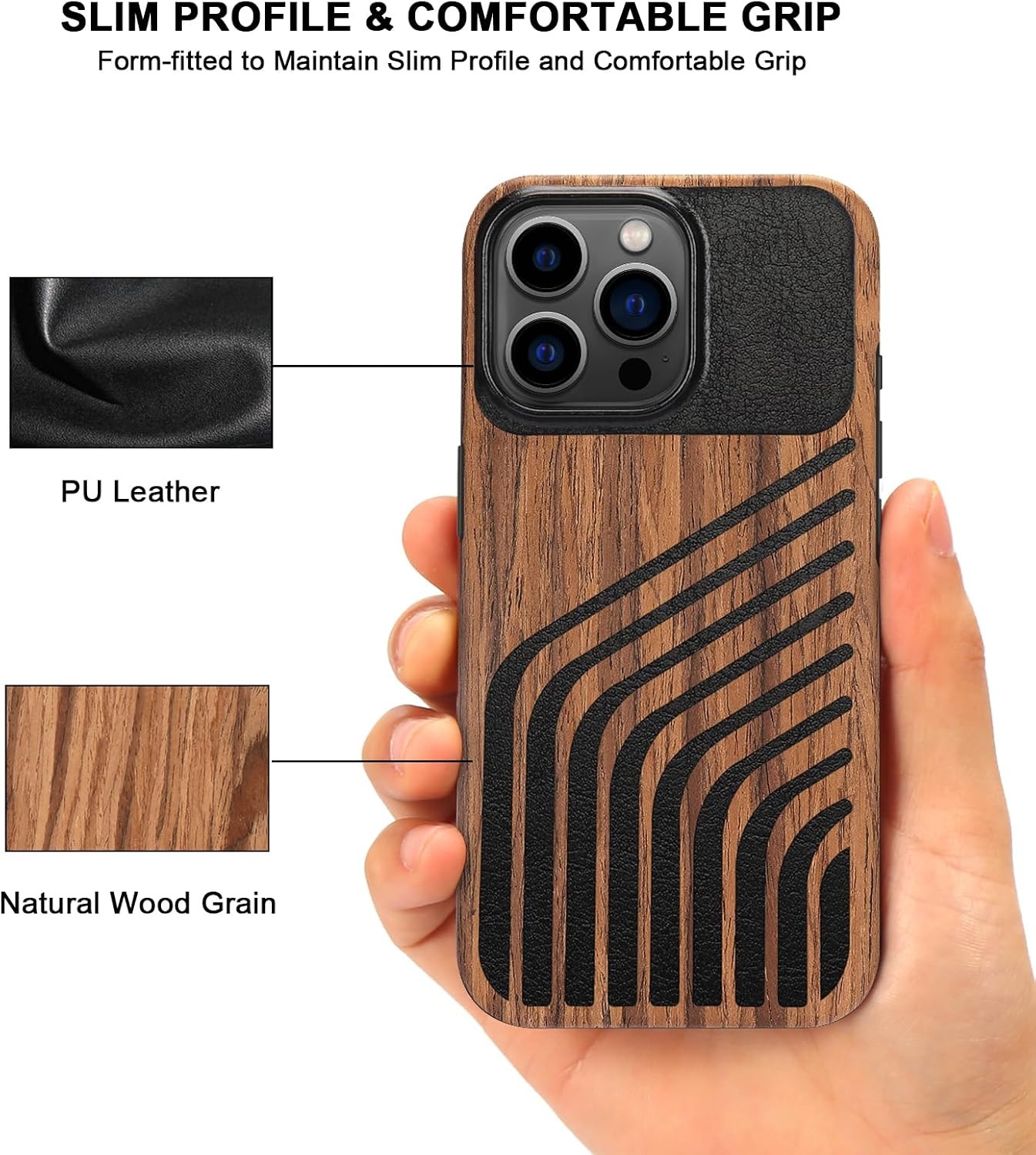 iPhone 15 Pro Case Wood Grain with Carbon Fiber Texture Design Leather Hybrid Sl