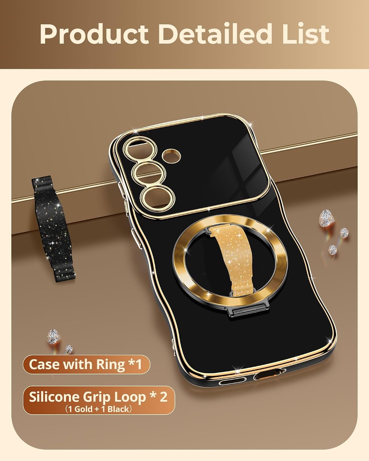 2PCS Case & O-Ring Stand for Samsung Galaxy S24 Ultra Soft Silicone Grip Black