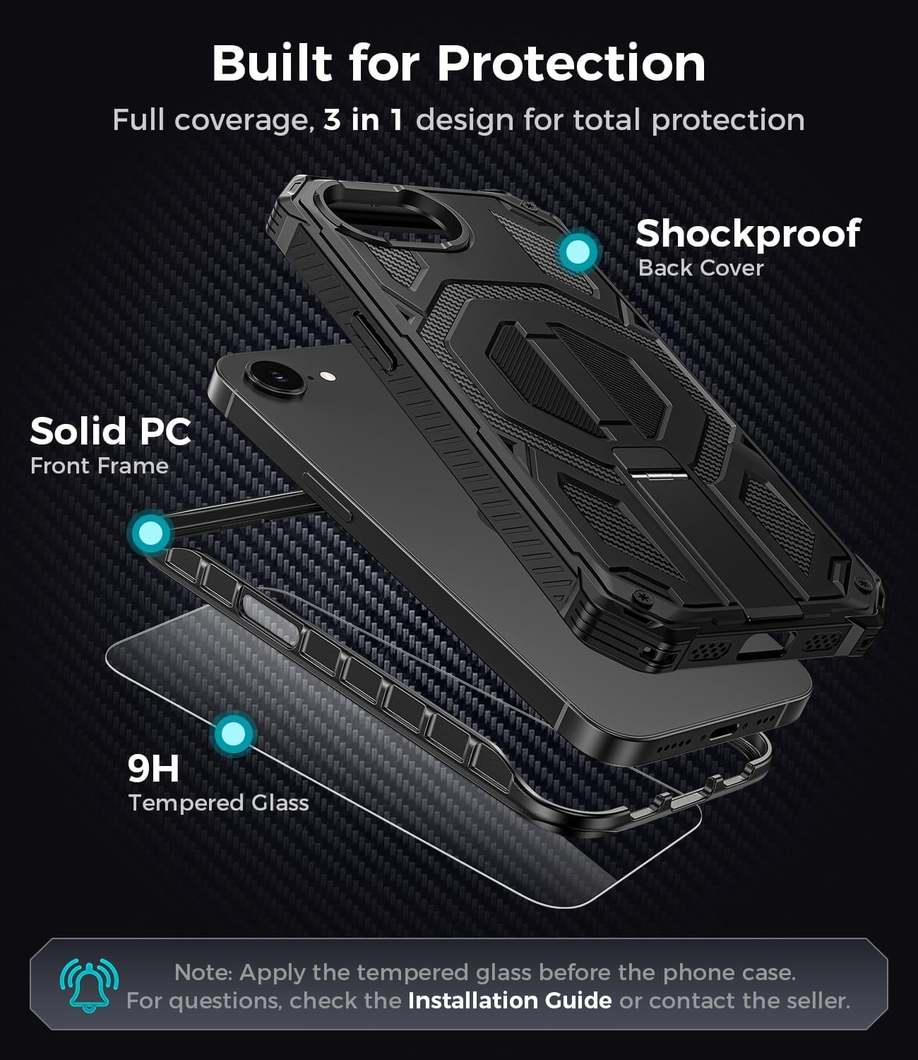 Black Magnetic Case with Screen Protector for iPhone 16e/17e, Heavy Duty Design