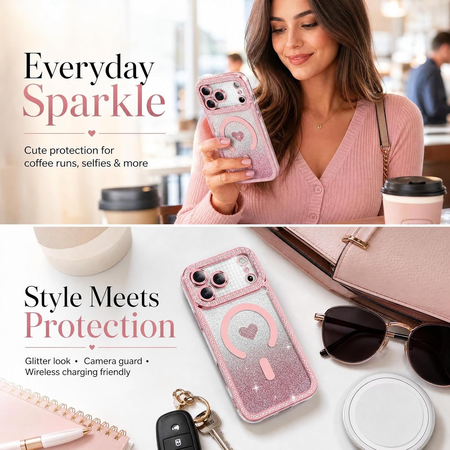 Magnetic for iPhone 17 Pro Max Case Glitter Clear Cute Love Heart Sparkle Cover