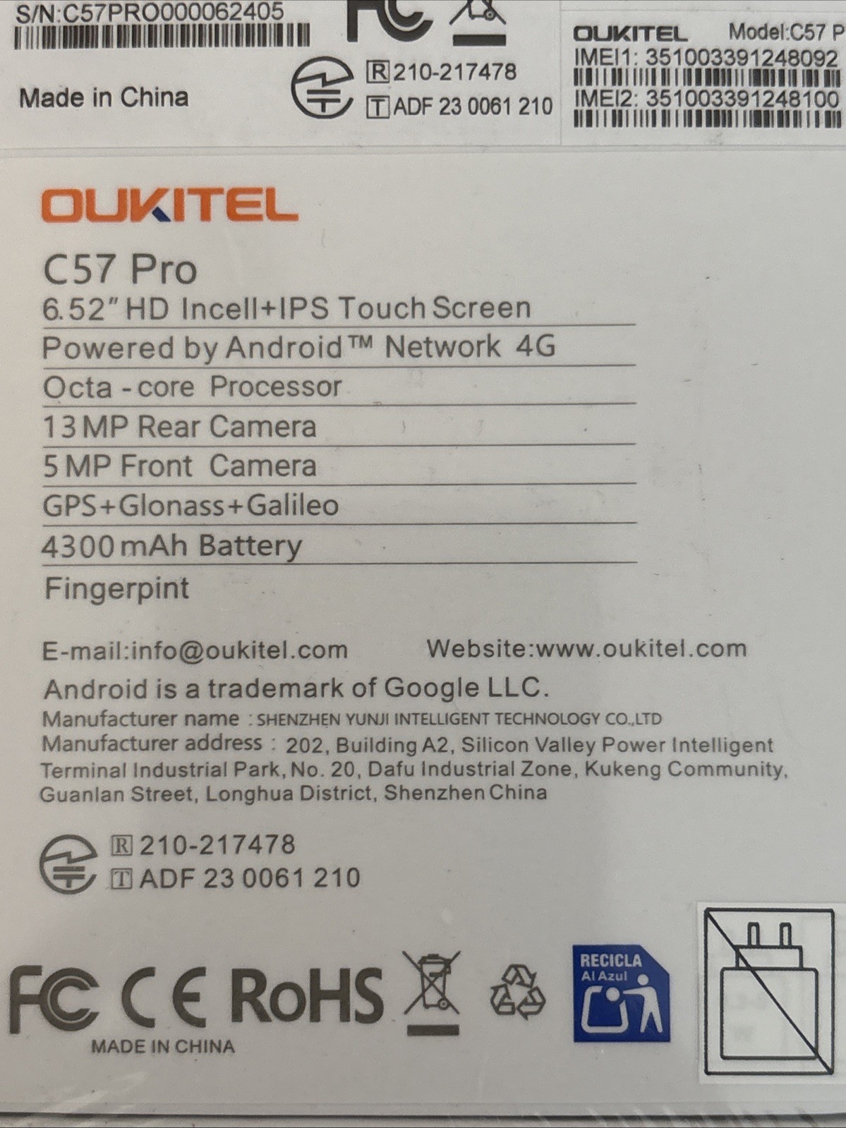 OUKITEL C57 Pro Smartphone 16GM(4GB+12) RAM 4G + 128GB New Sealed