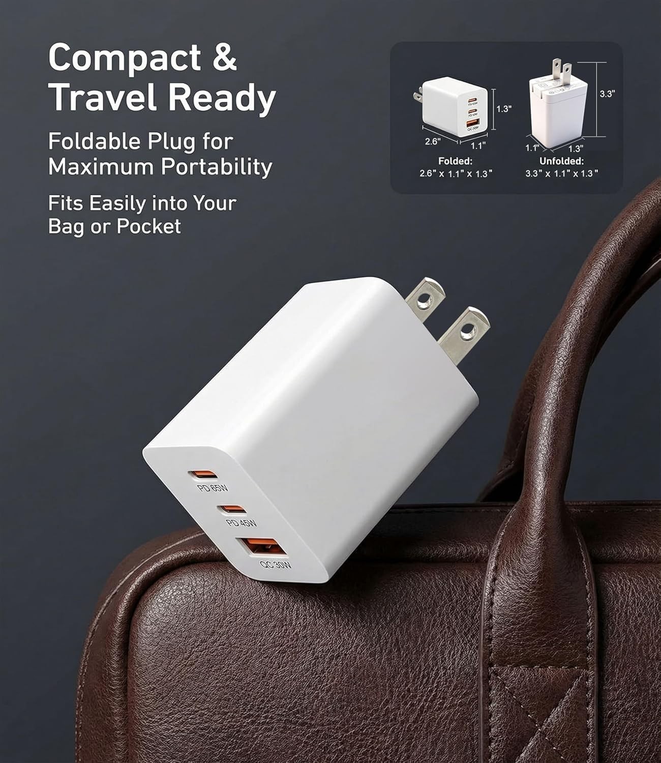 65W USB-C Fast Charger Wall Adapter with 3 Cables (1.2m & 0.6m) for Phone, Table