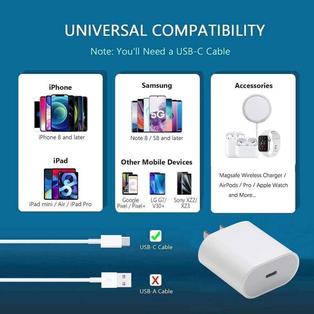 20W Fast Charger Wall Adapter + 3FT USB-C Cable For Apple iPhone 15 14 13 12 11