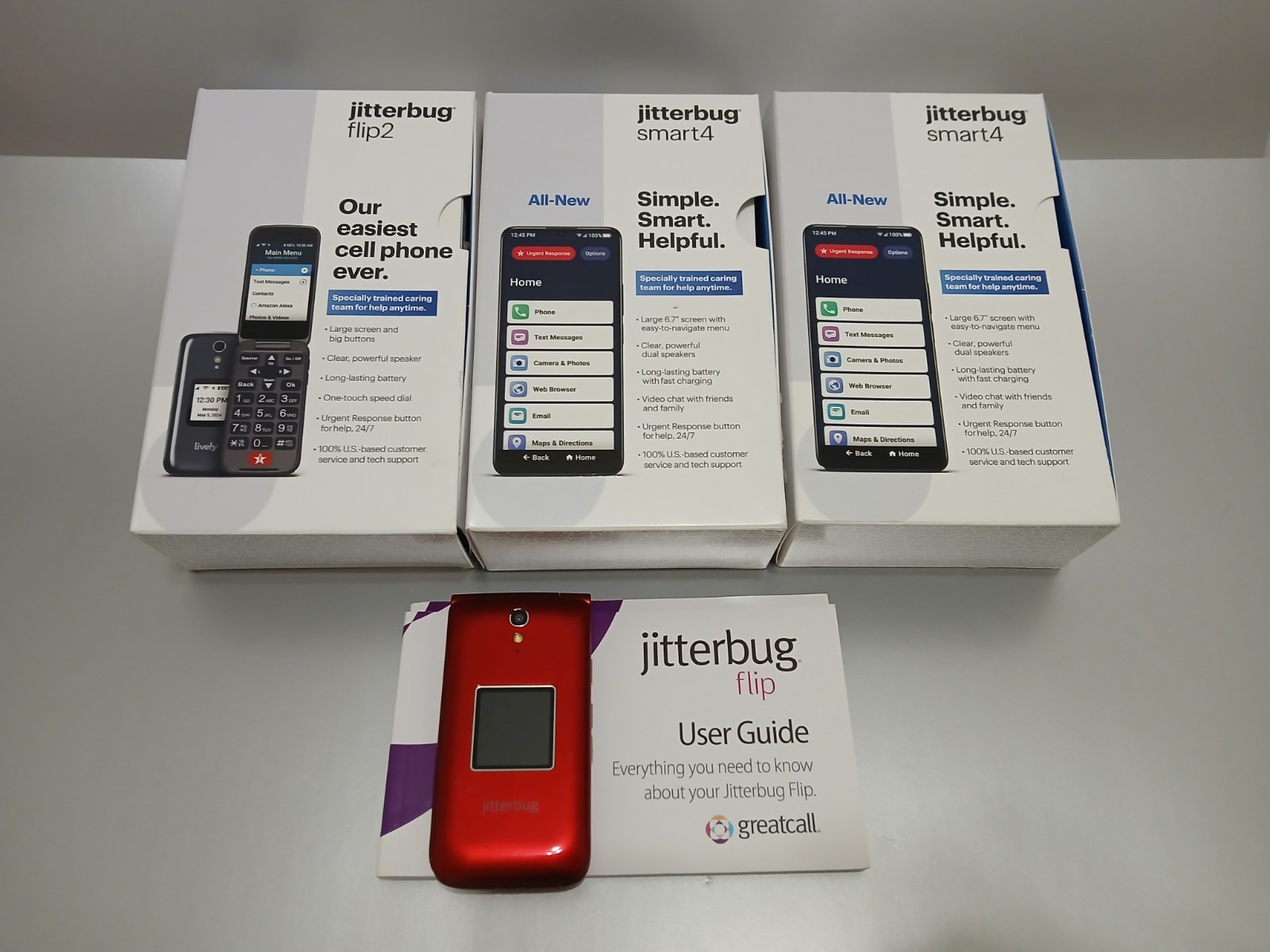 LOT OF 4 JITTERBUG PHONES * (2) SMARTPHONE 4’s (1) FLIP 2 (1) FLIP * OPEN BOXES
