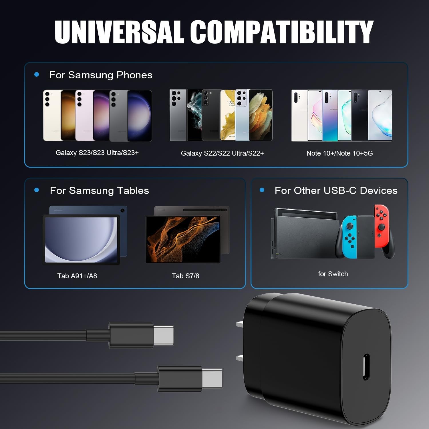 25W USB-C Fast Charger Block 4-Pack for Samsung Galaxy S24/S25, 6ft & 1 Included