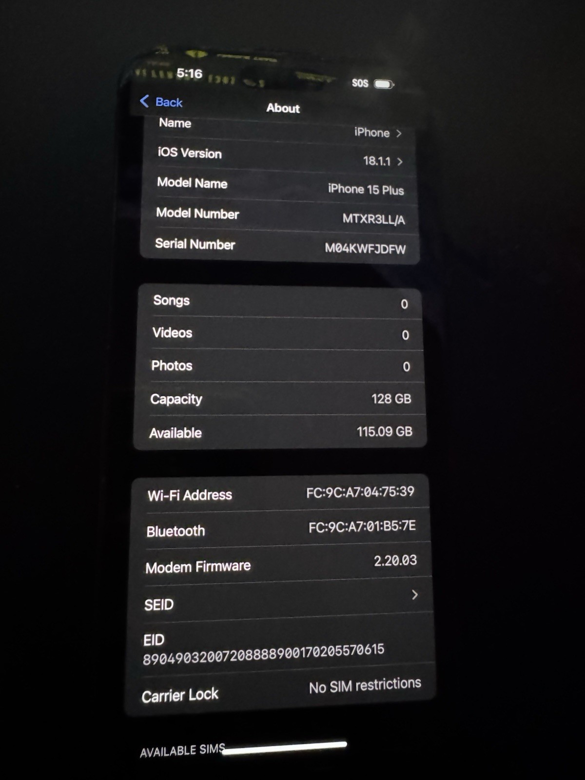 Apple iPhone 15 Plus 128GB Black, Unlocked, 89% Battery