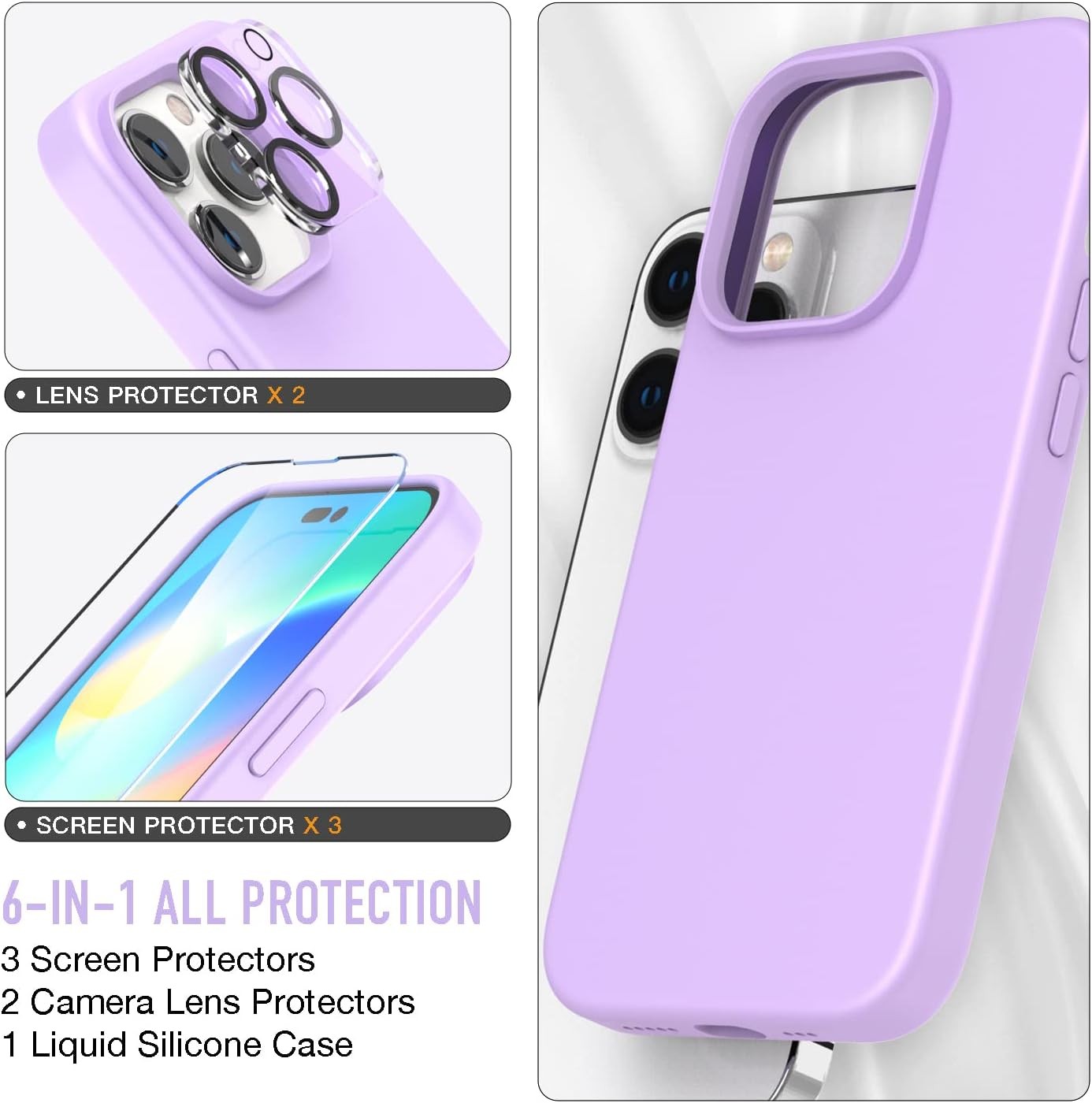 6.7 Inch 6 in 1 iPhone 14 Pro Max Case with 3 Pack Screen & 2 Pack Lens Protecto
