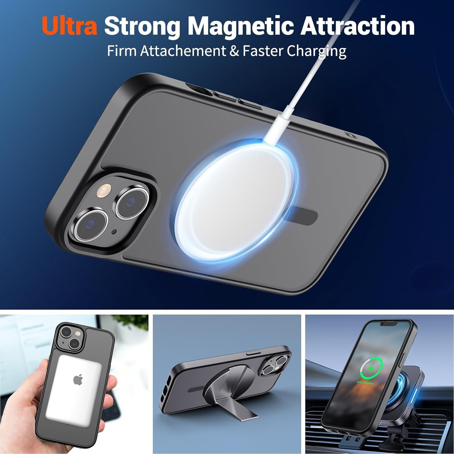 Translucent Matte Shockproof Magnetic Case for iPhone 14 & 13, Black, Military G