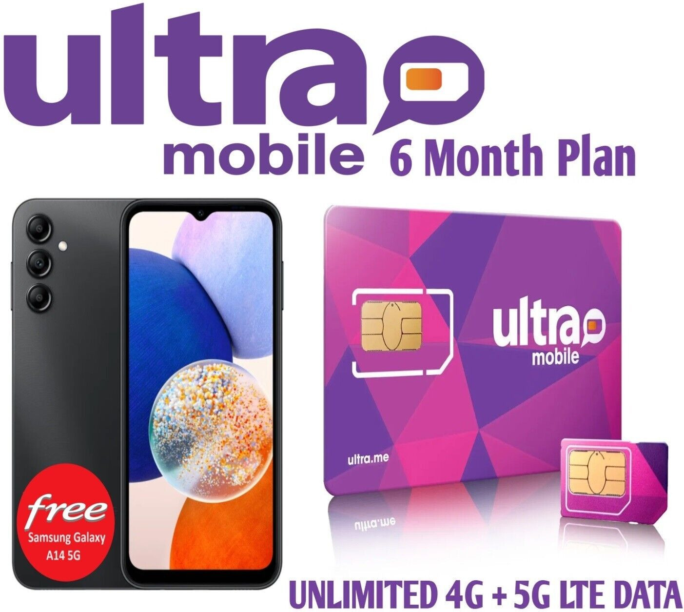 Samsung Galaxy A14 with Ultra Mobile SIM Card Unlimited 5G/4G Data 6 Months Plan
