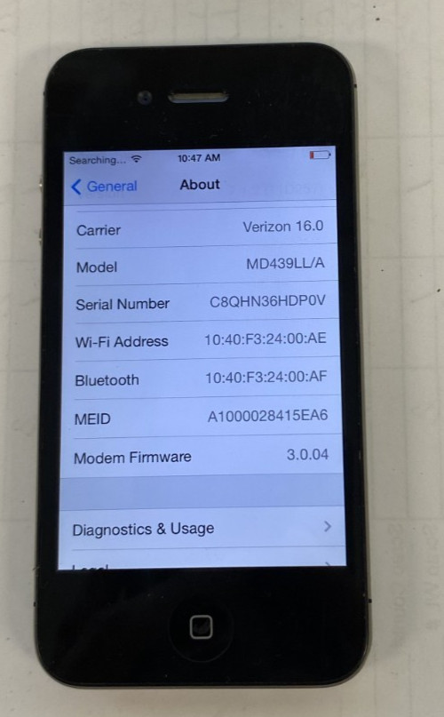 Apple iPhone 4 iOS 6 Verizon CDMA A1349 (black) 0722-12T