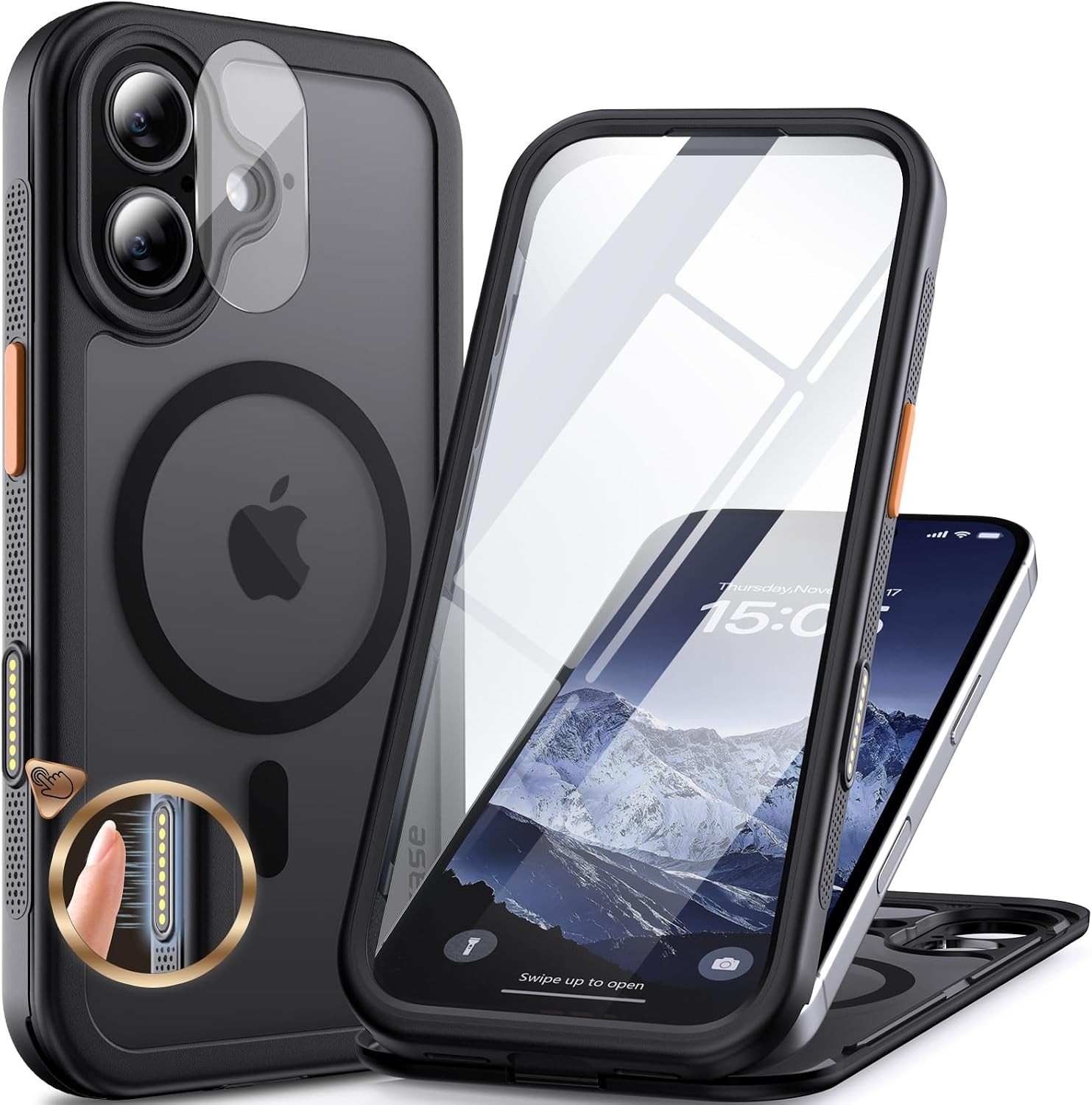 iPhone 17 Black Shockproof Case, 3-in-1 Full Body, Splash Proof, Screen Protecti