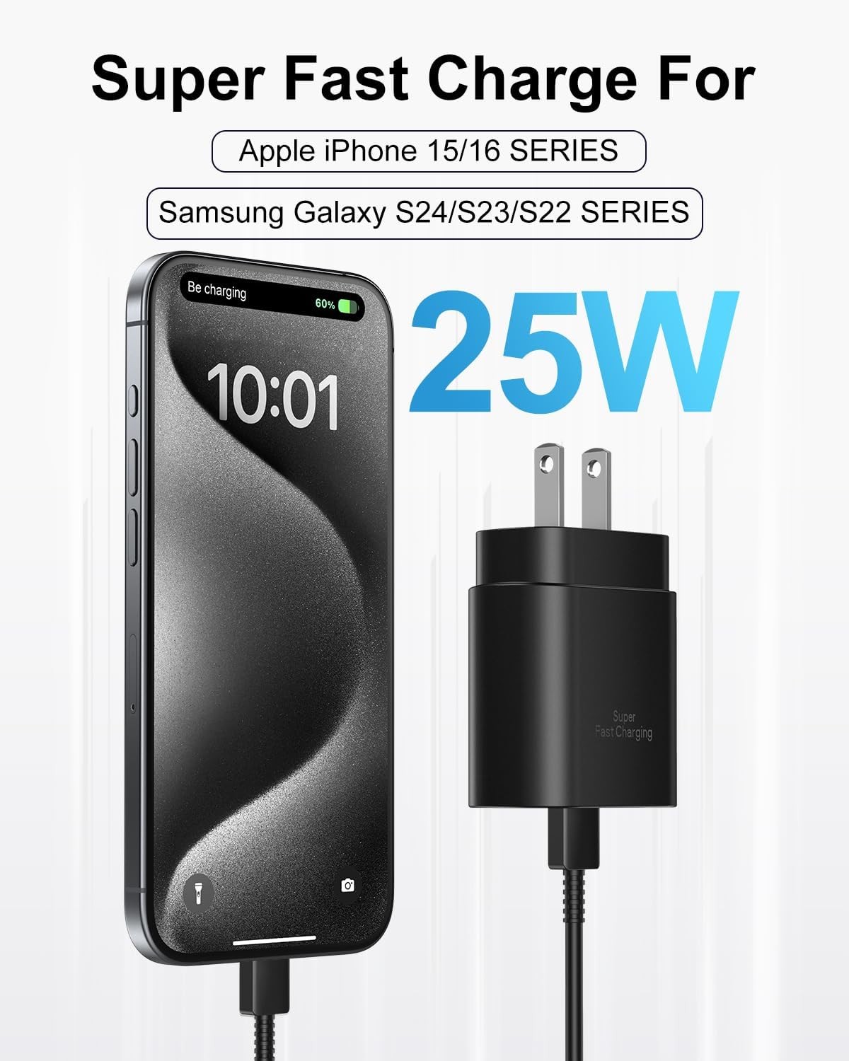2 Pack 25W USB-C Fast Charger Block for Galaxy S25/S24, iPhone 15/16/17 10FT&6FT