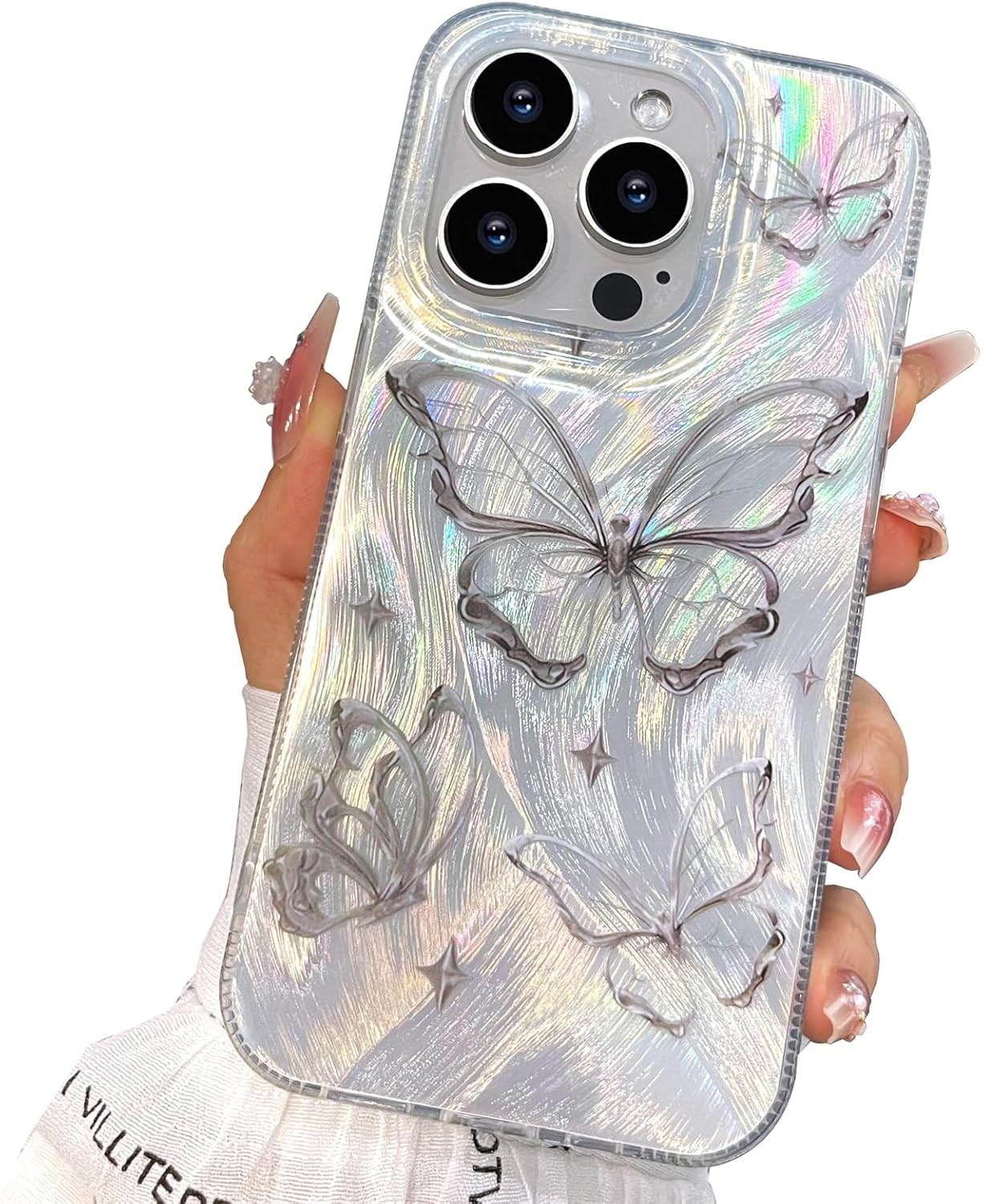 Compact Case for iPhone 16 Pro Max Shiny Silver Butterfly Design, Cute Slim TPU
