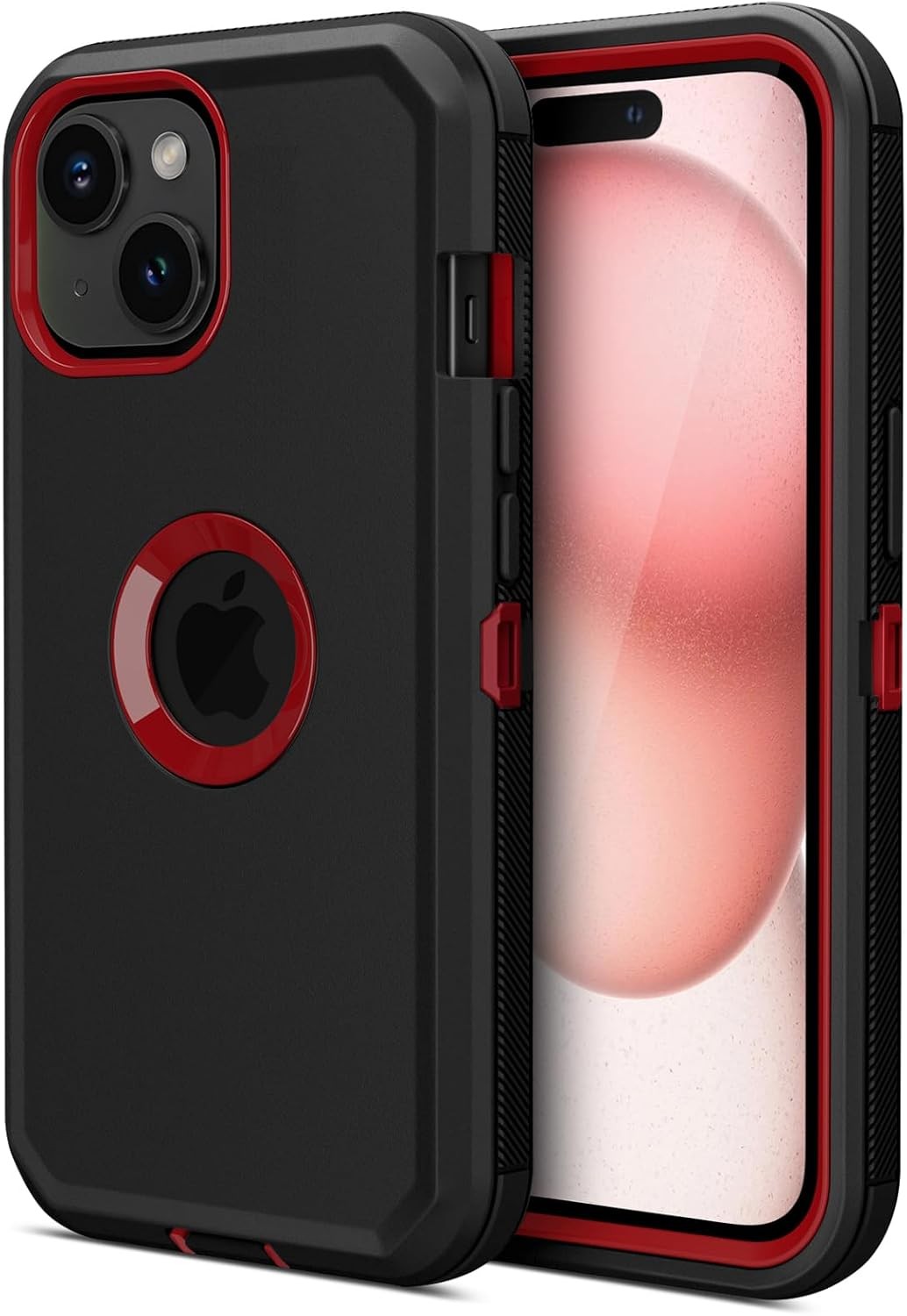 Rugged Shockproof Dual Layer Heavy Duty Case for iPhone 15 – Black Red 2023