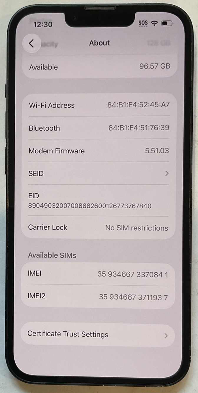 TESTED USED GSM UNLOCKED MIDNIGHT iPhone 13, 128GB A2482 MLA23LL/A 91% BATTERY.