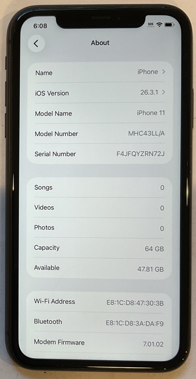 TESTED USED GSM UNLOCKED iPhone 11, 64GB A2111 MHC43LL/A IOS 26.3.1, 87% BATTERY